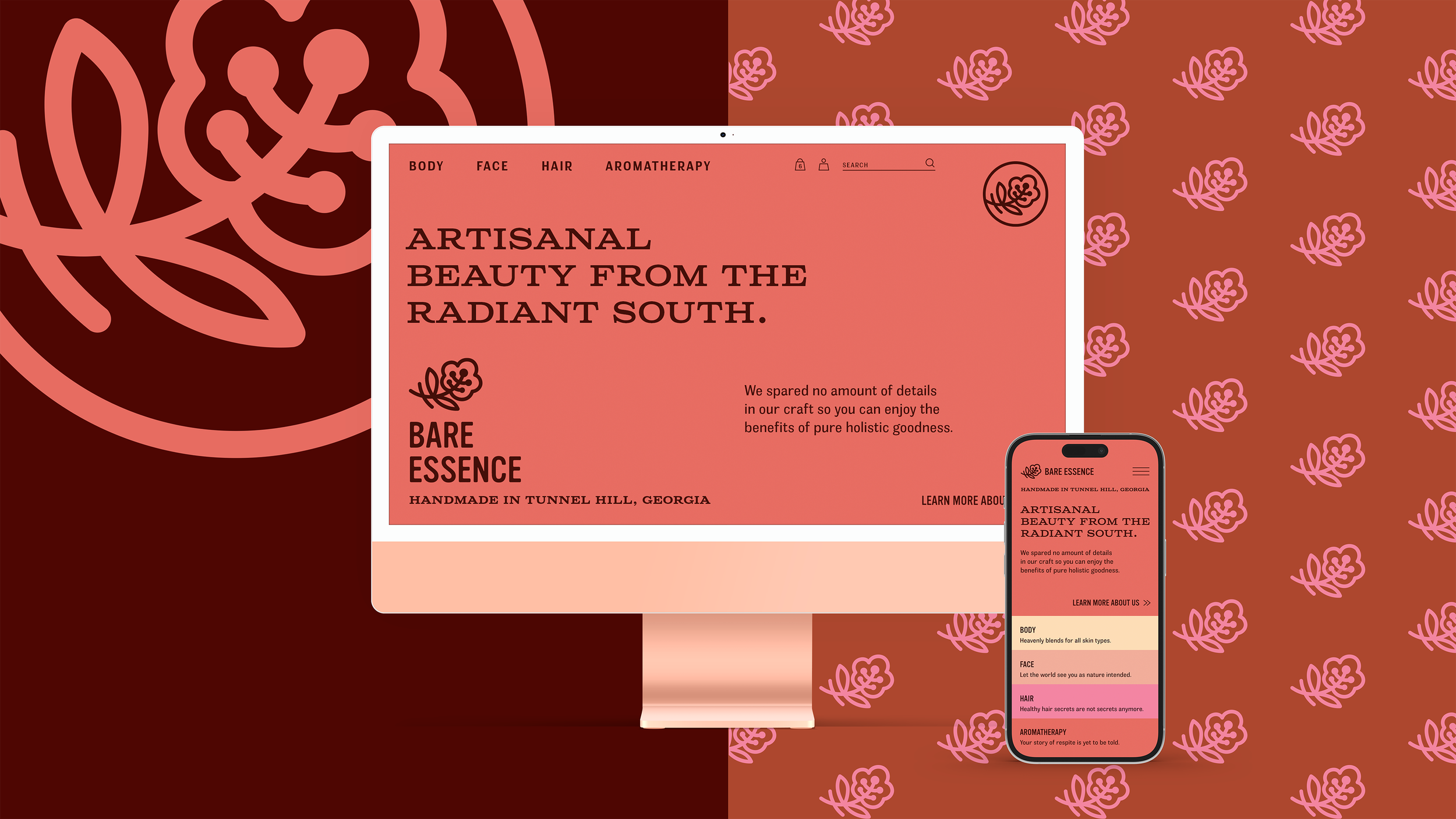 iMac and iPhone mockups showing the responsive Bare Essence home page, featuring warm complementary colors, targeted messaging, and a clean bold layout.