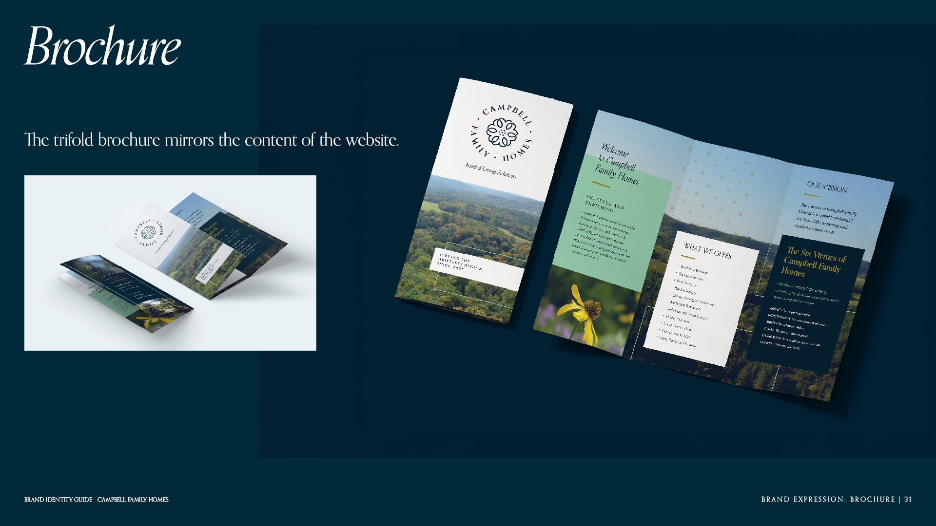 Brochure page for the brand identity guide for Campbell Family Homes featuring two mockups of the trifold.
