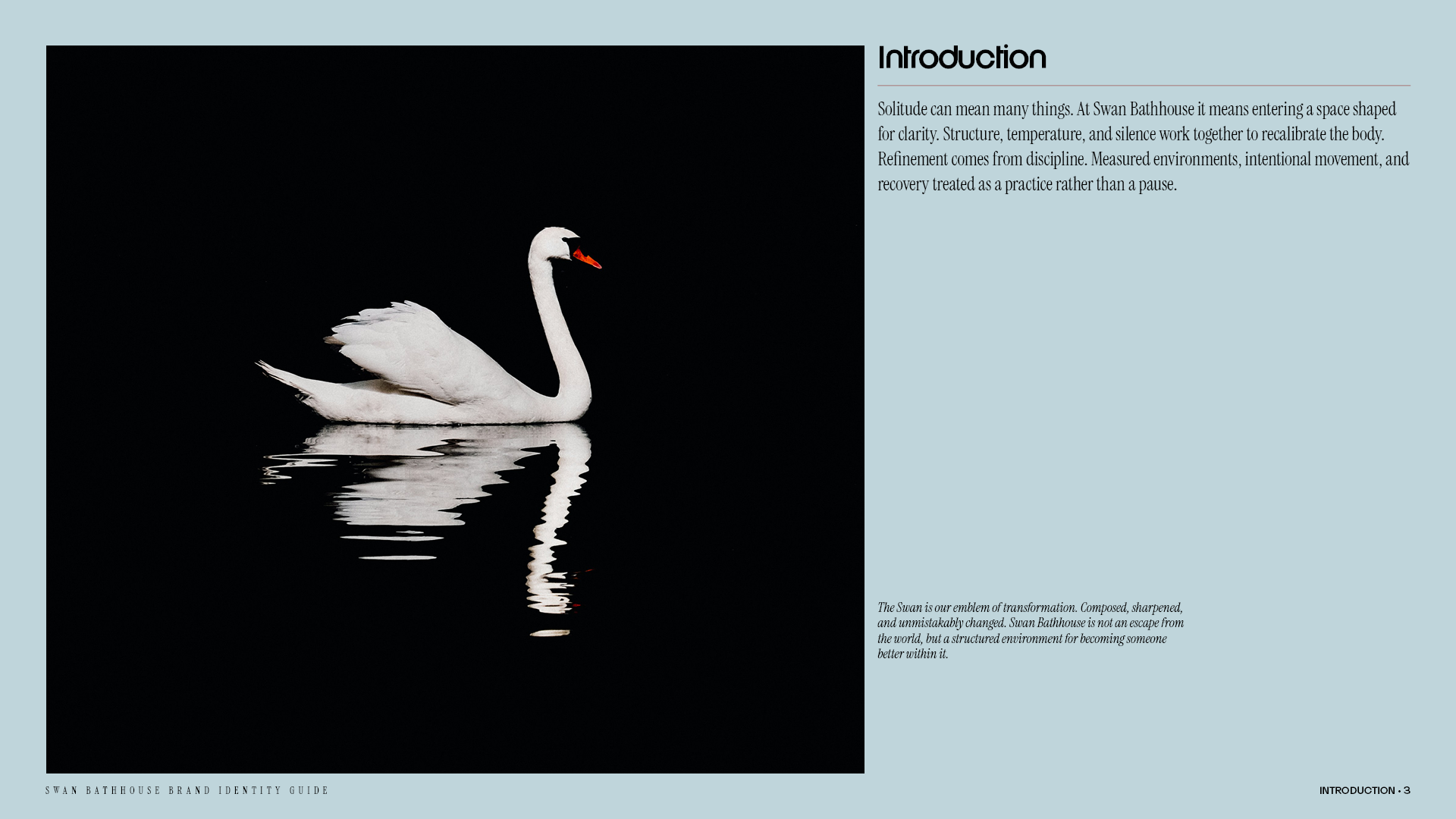 Introduction page from the Swan Bathhouse brand identity guide with a short overview of the brand’s purpose and a clean Ice Blue background.