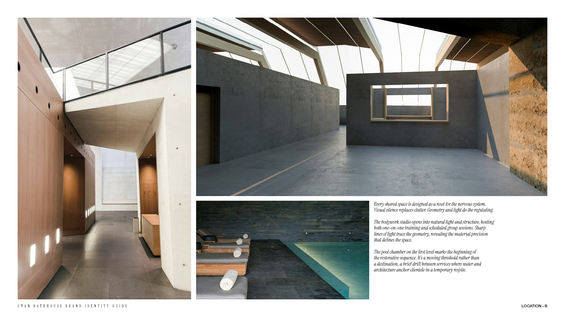 Location page from the Swan Bathhouse brand identity guide with views and descriptions of the entryway, common group studio and transitional pool area.