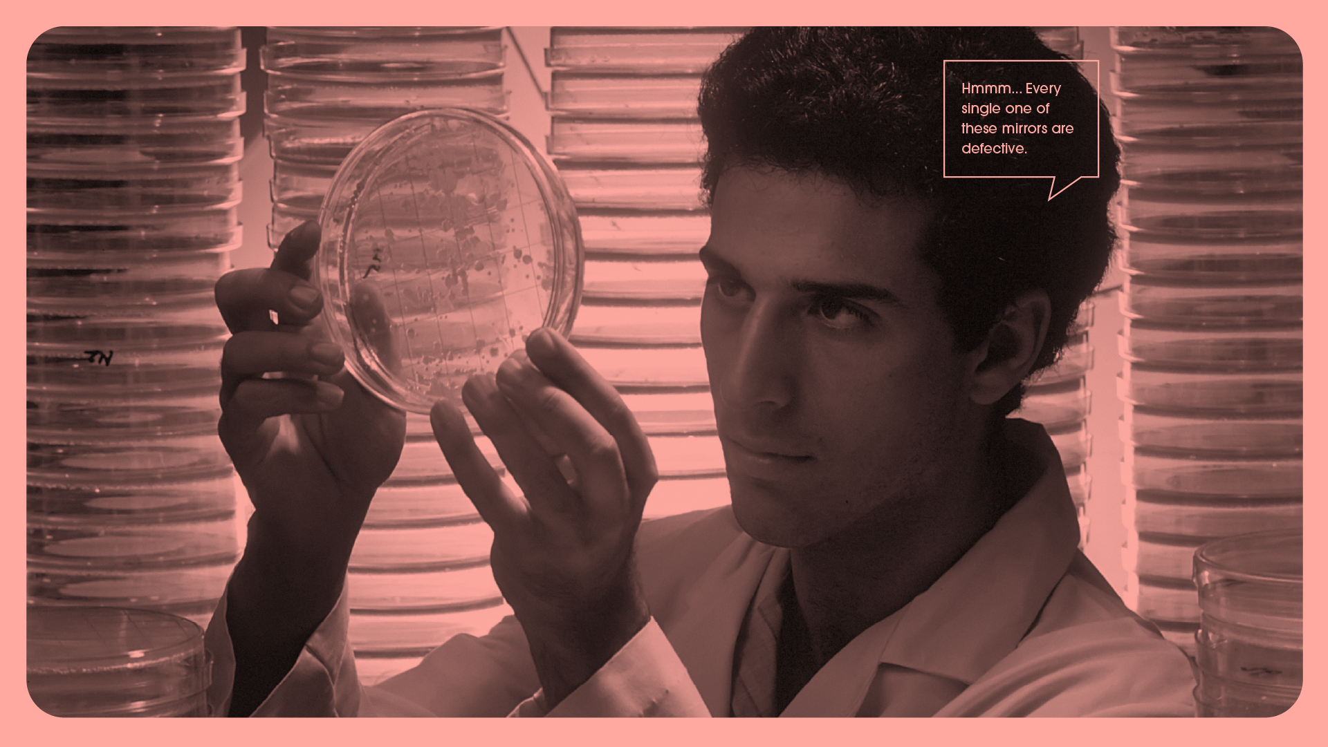 Pink splash page for Lab‑ish featuring a man studying petri dishes with a joke quote bubble, used as a playful pacing break in the guide.