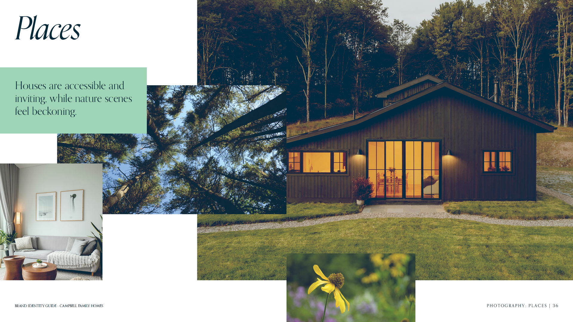 Places page of the Campbell Family Homes brand identity guide with a collage of outdoor and indoor photography and art direction.