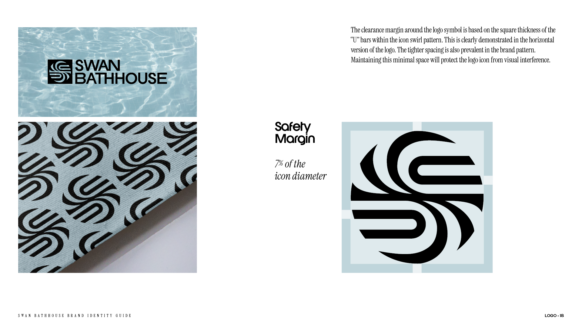 Logo page from the Swan Bathhouse brand identity guide with the safety margin demonstrated alongside examples of the margin in use.