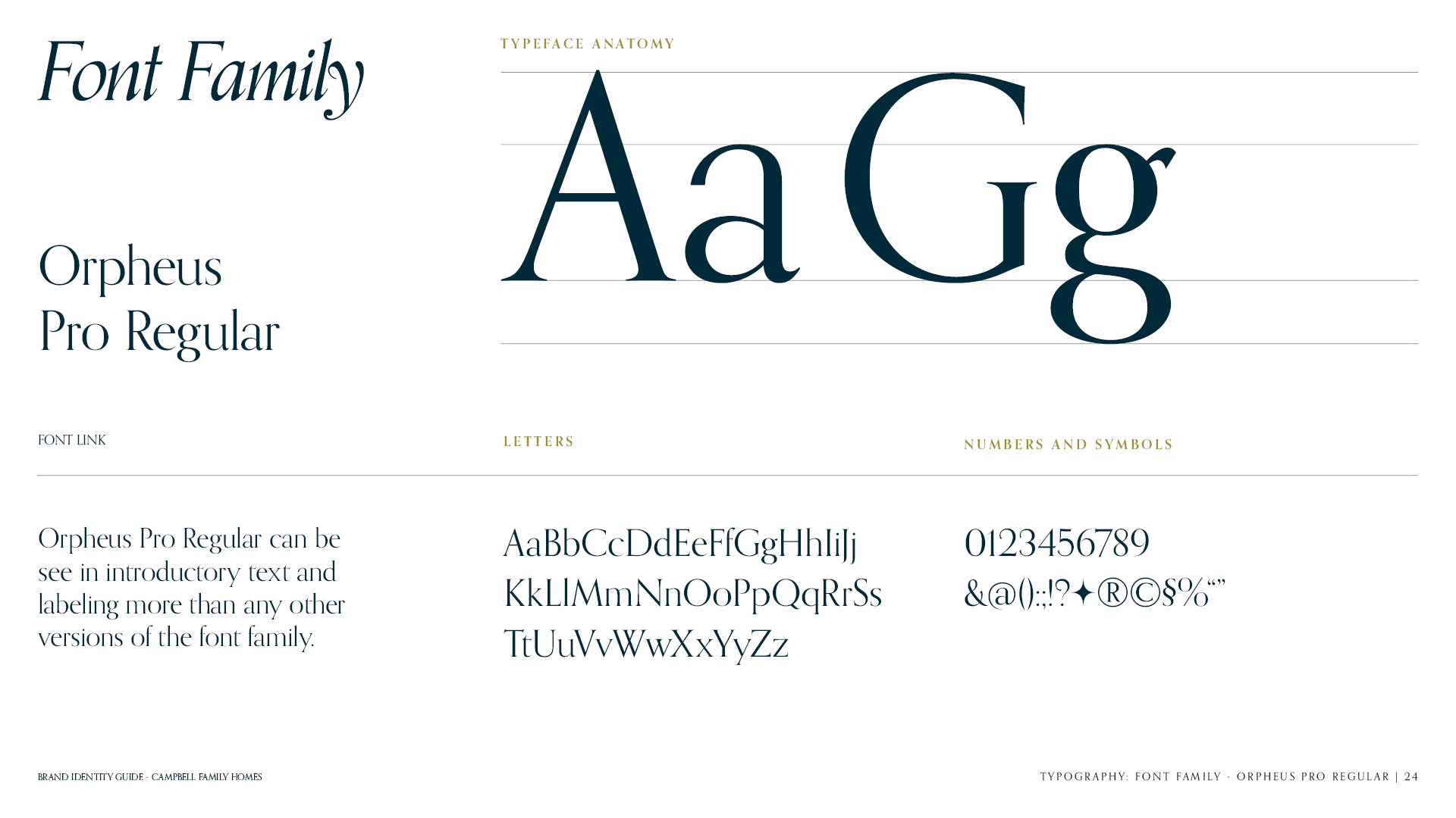 Font Family page for the brand identity guide for Campbell Family Homes featuring the Orpheus Pro Regular.