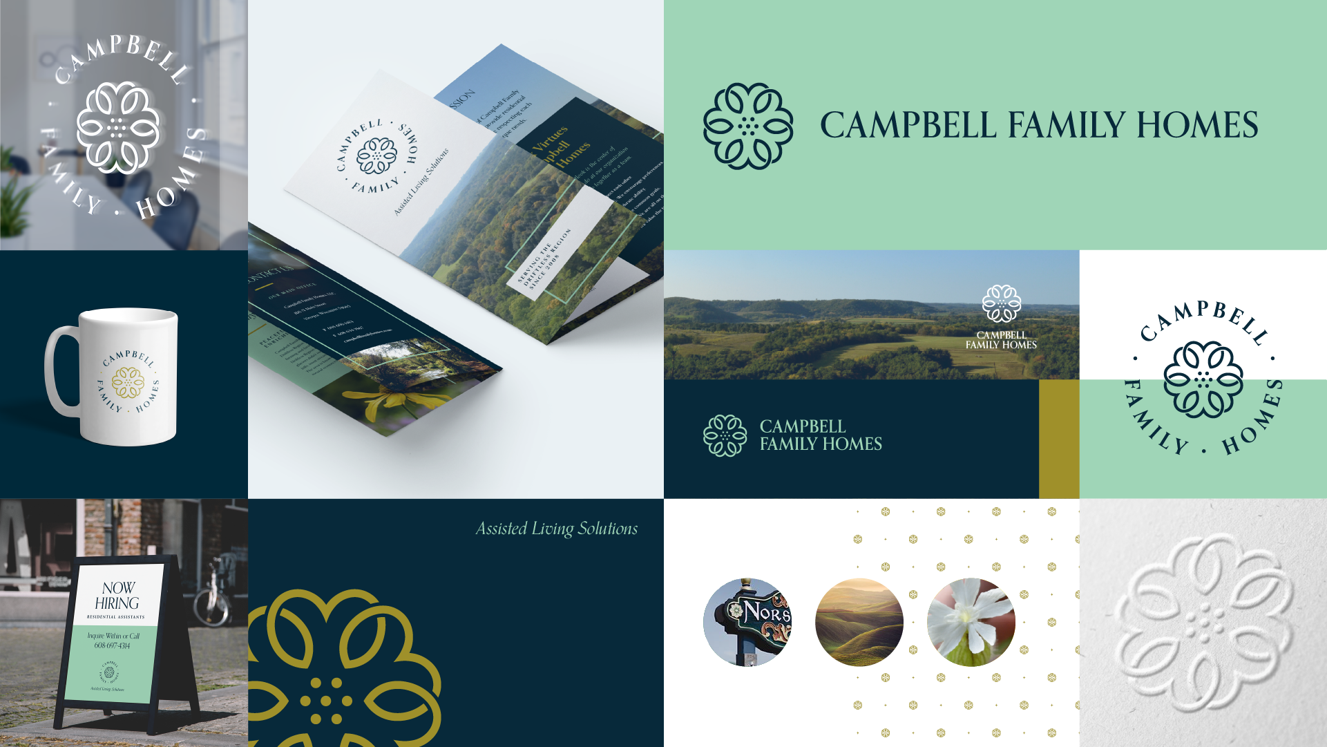 Campbell Family Homes brand‑identity board featuring color swatches, a brand pattern, logo variants, contextual photos, and mockups including a brochure, mug, and sidewalk sign.