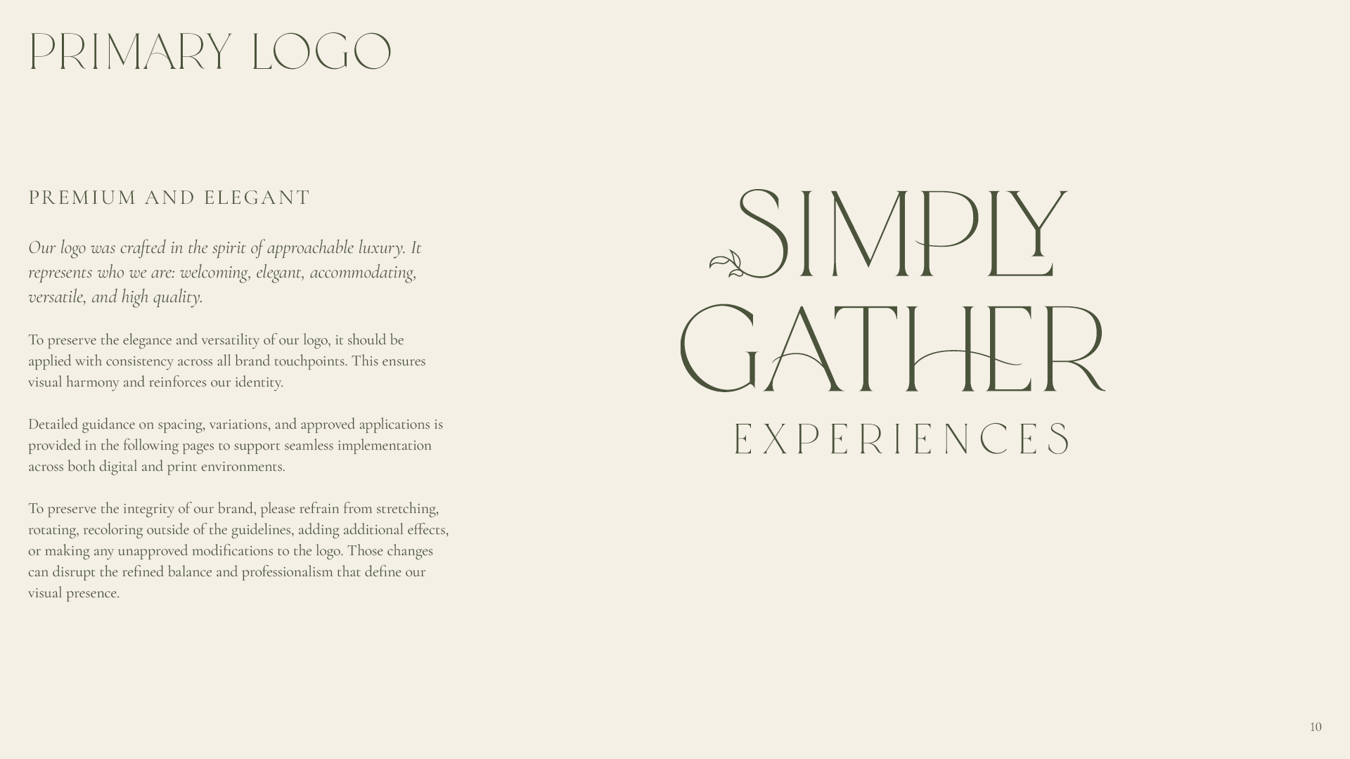 Primary Logo page from the Simply Gather Experiences brand identity guide featuring a clean layout with logo usage rules presented in paragraph form.