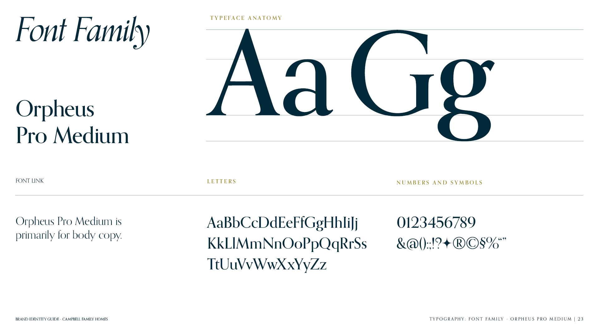 Font Family page for the brand identity guide for Campbell Family Homes featuring the Orpheus Pro Medium.