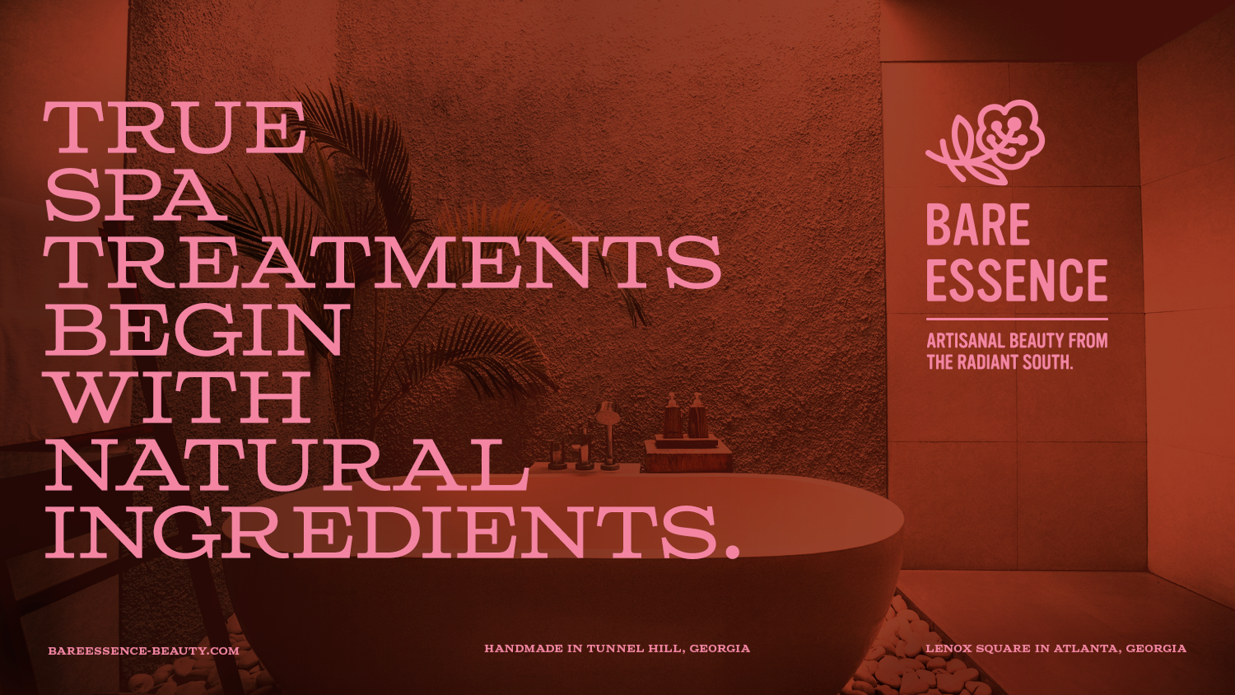 Ad for Bare Essence with a warm rust overlay, soft pink typography, and a clean modern layout set in a spa environment.