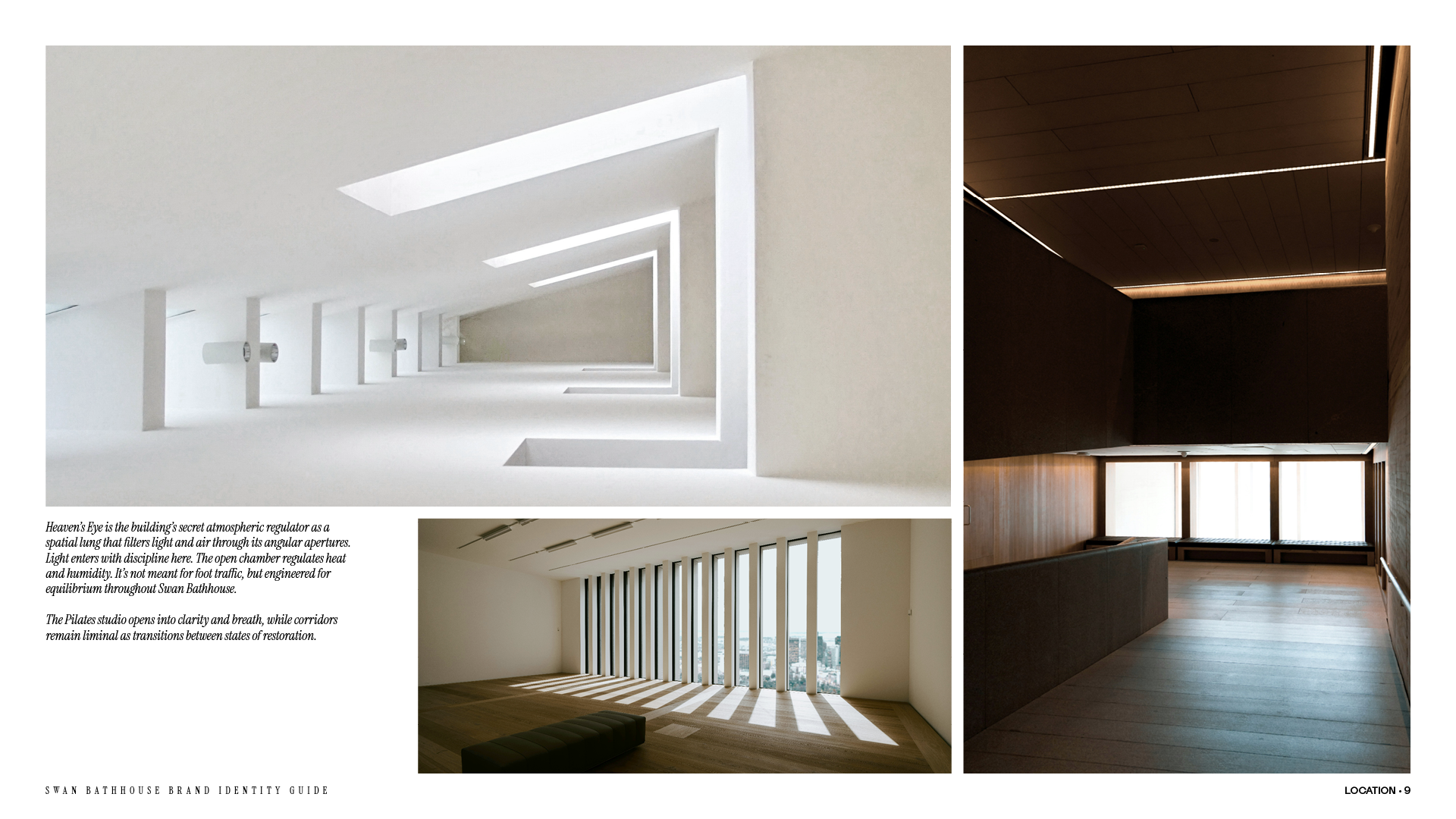 Location page from the Swan Bathhouse brand identity guide with an upper floor section, Pilates studio and liminal space between floors.