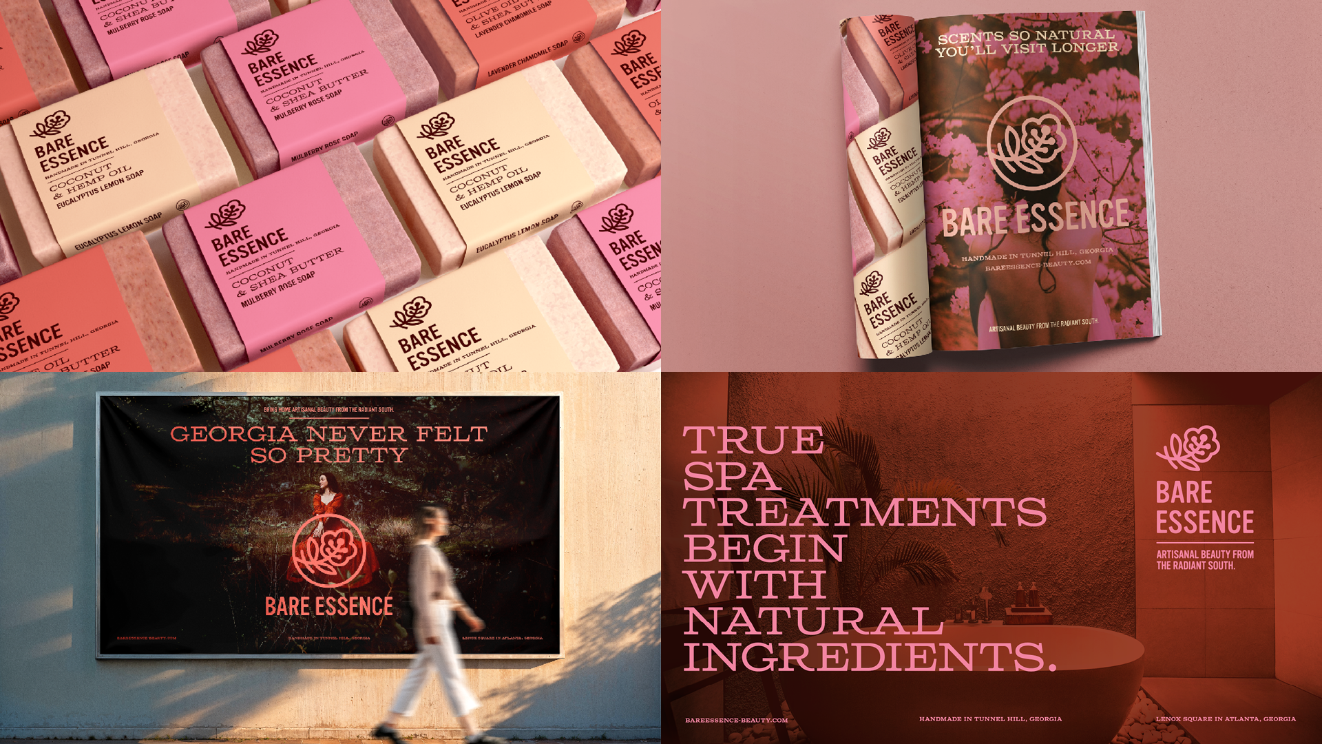 Staggered rows of the Bare Essence soap line with different oil bases and scents. Magazine ad for Bare Essence featuring a simple tagline about the transportive qualities of the scents, with the soap product line shown on the left. Street‑level billb