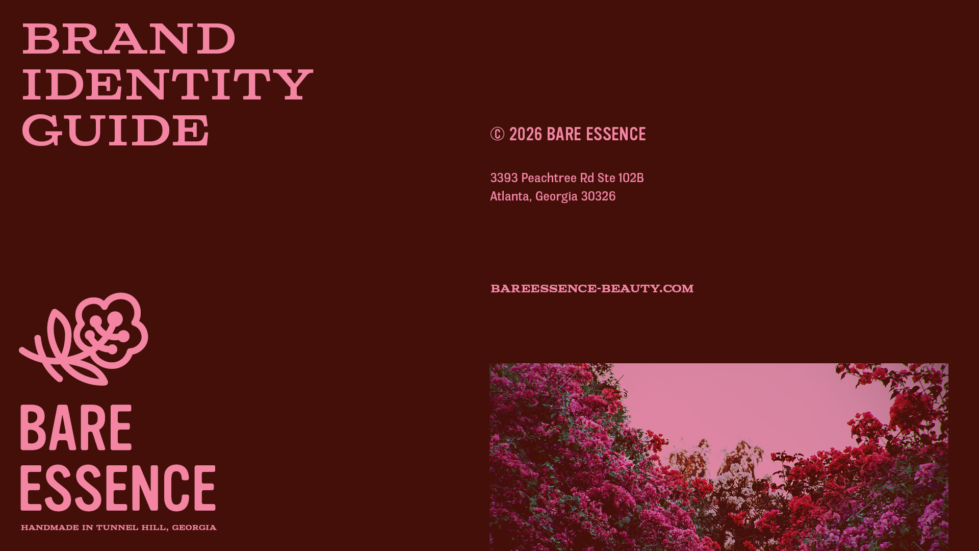 Back cover page of the Brand Identity Guide for Bare Essence featuring contact info, the primary logo and a photo of a river and foliage landscape.
