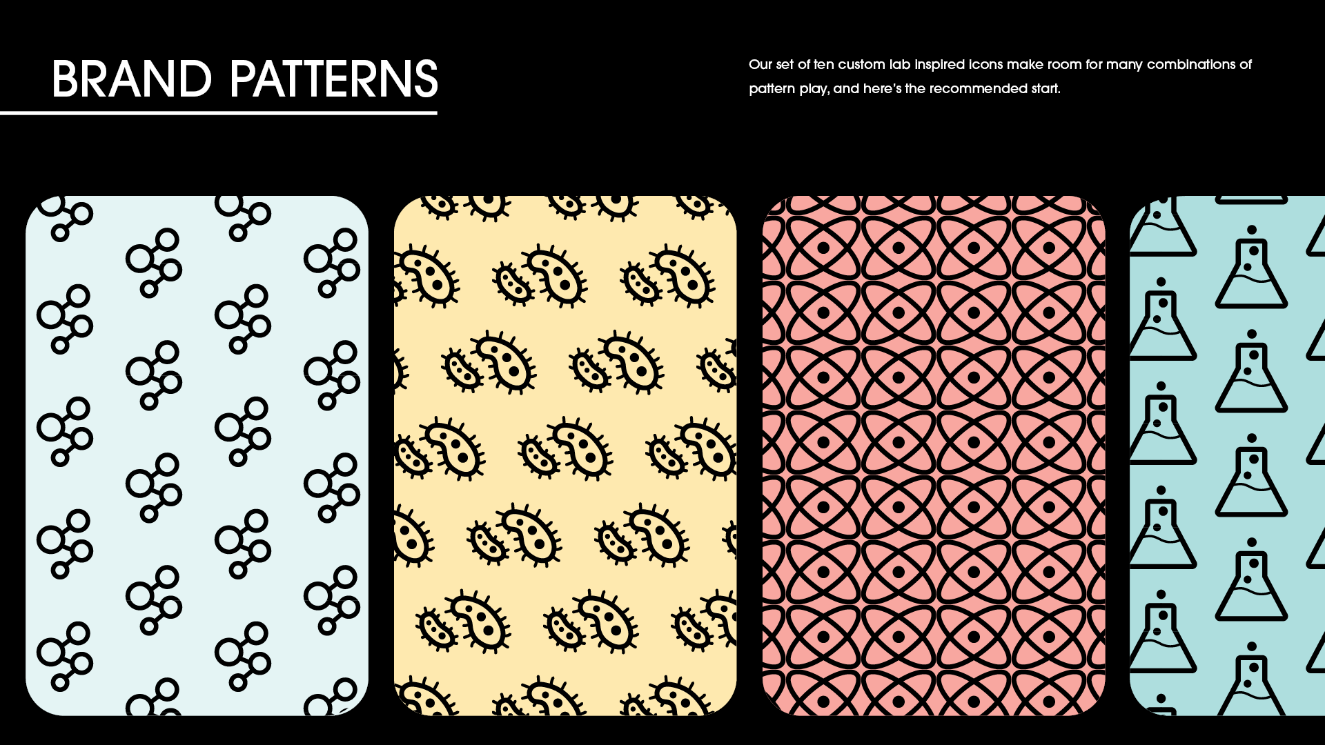 Set of Lab‑ish brand patterns based on the icon system, shown as playful science‑themed pattern options.