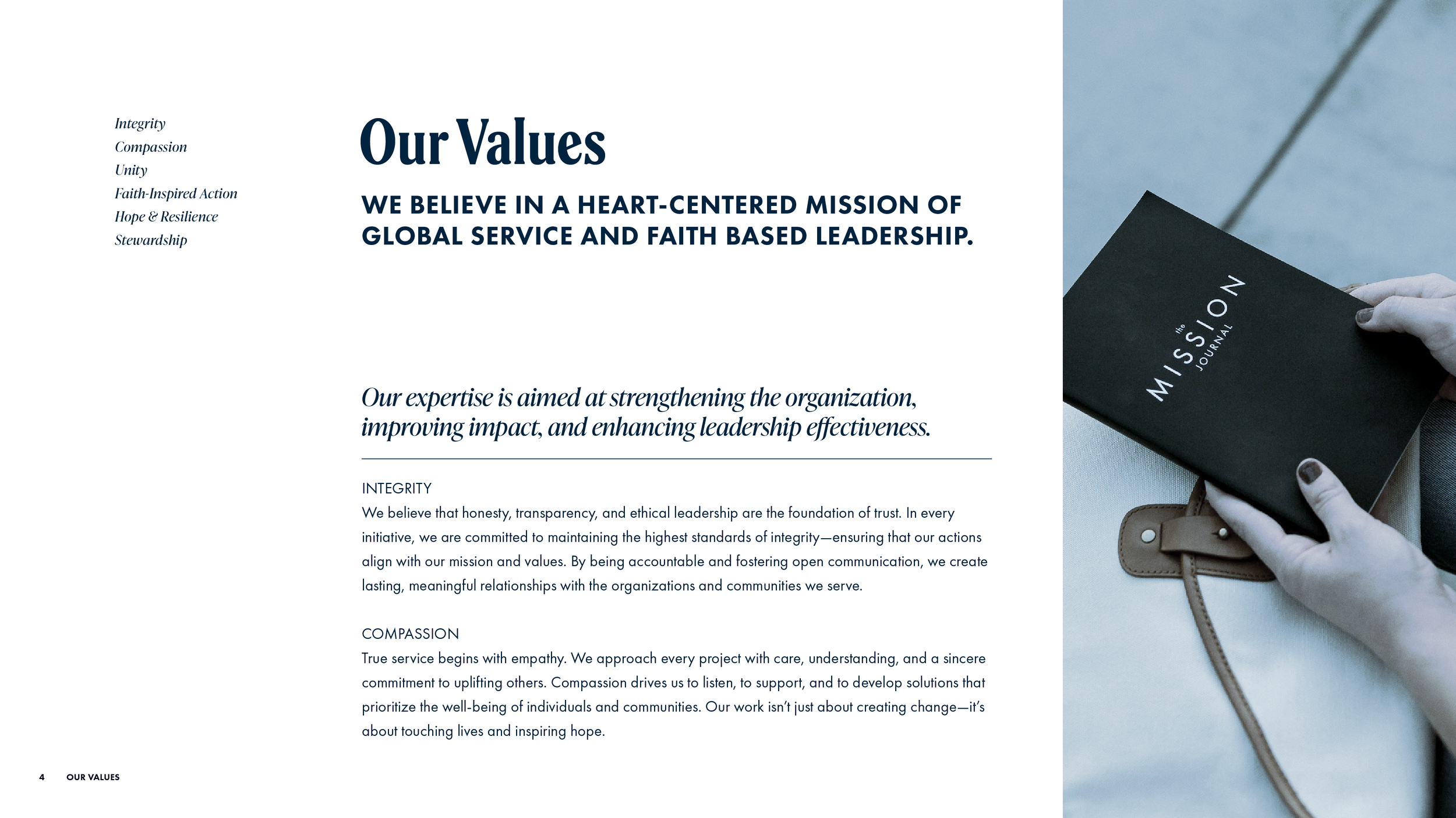 Brand values page from the Chad Chambers Consulting identity guide, featuring a clean minimalist layout and a photo of hands holding a mission book.