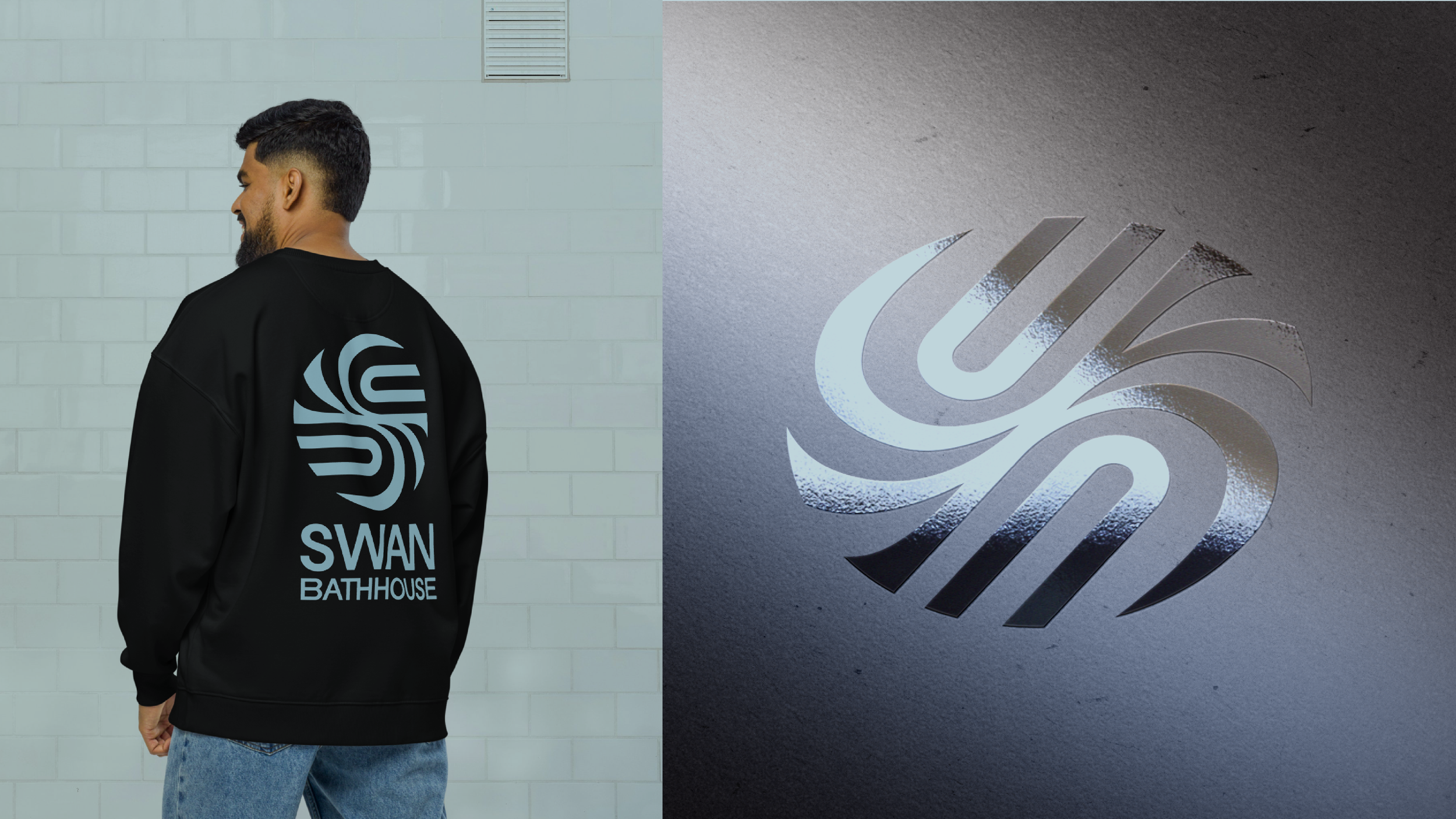 Sweatshirt mockup with the Swan Bathhouse logo printed on the back, shown with a spot‑UV finish on the logo icon.