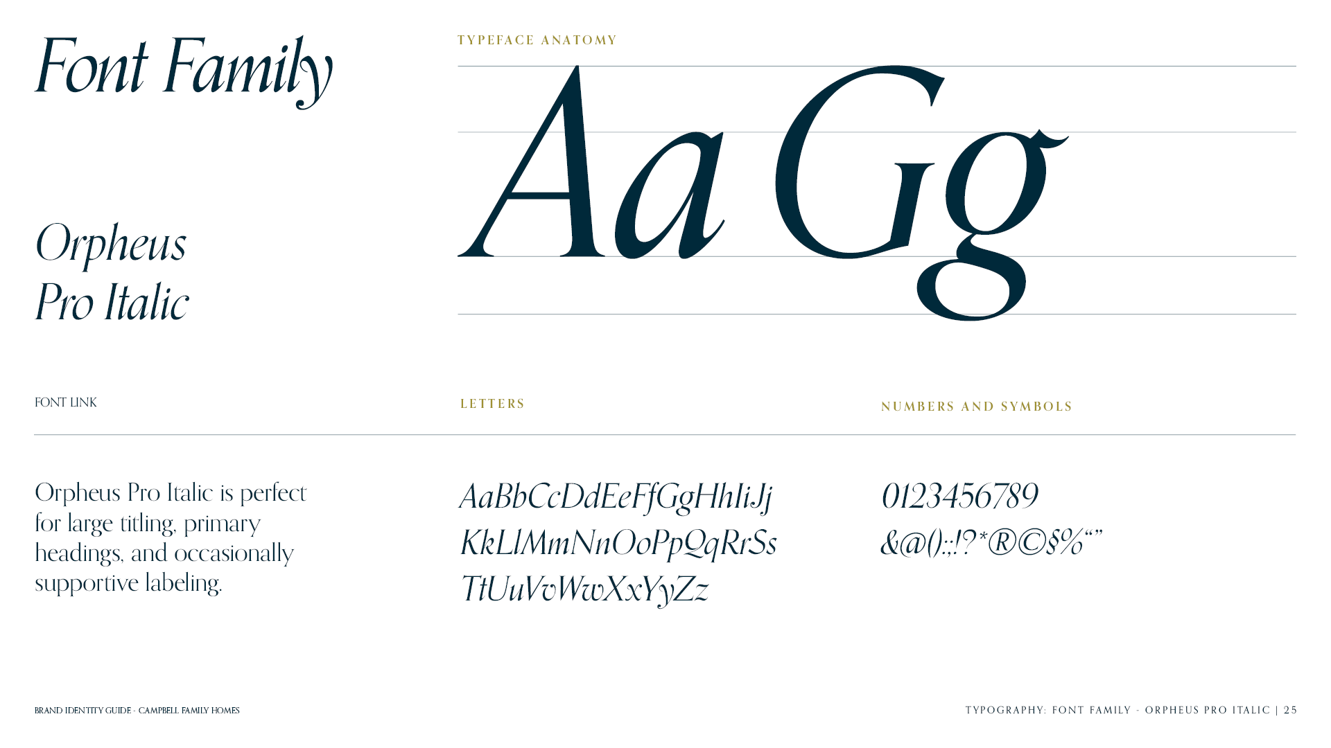 Font Family page for the brand identity guide for Campbell Family Homes featuring the Orpheus Pro Italic.