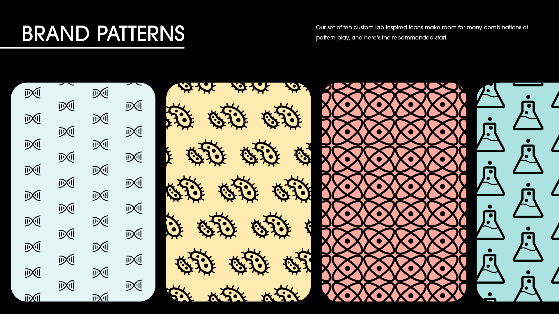 Set of Lab‑ish brand patterns based on the icon system, shown as playful science‑themed pattern options.