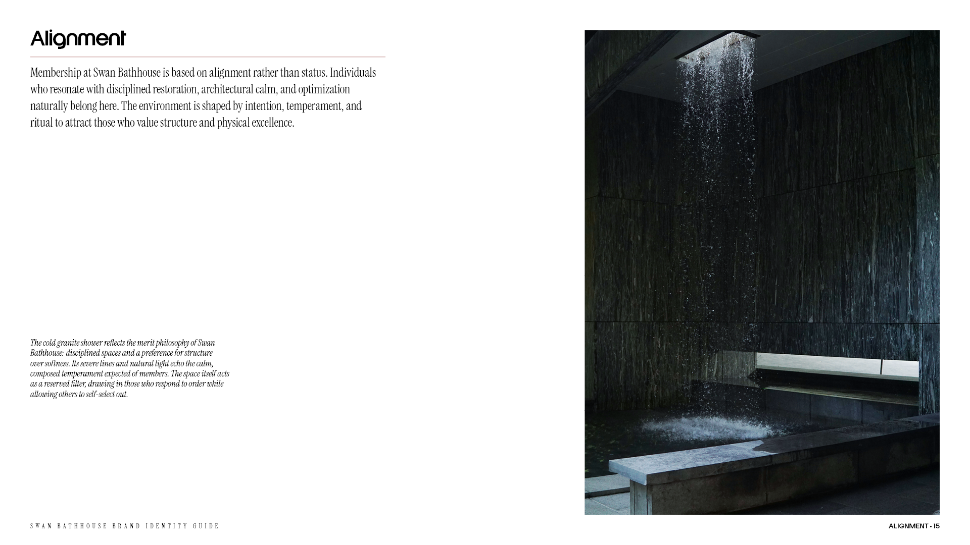 Alignment page from the Swan Bathhouse brand identity guide with an architectural water feature with a description about what type of clientele would feel most aligned with the bathhouse.