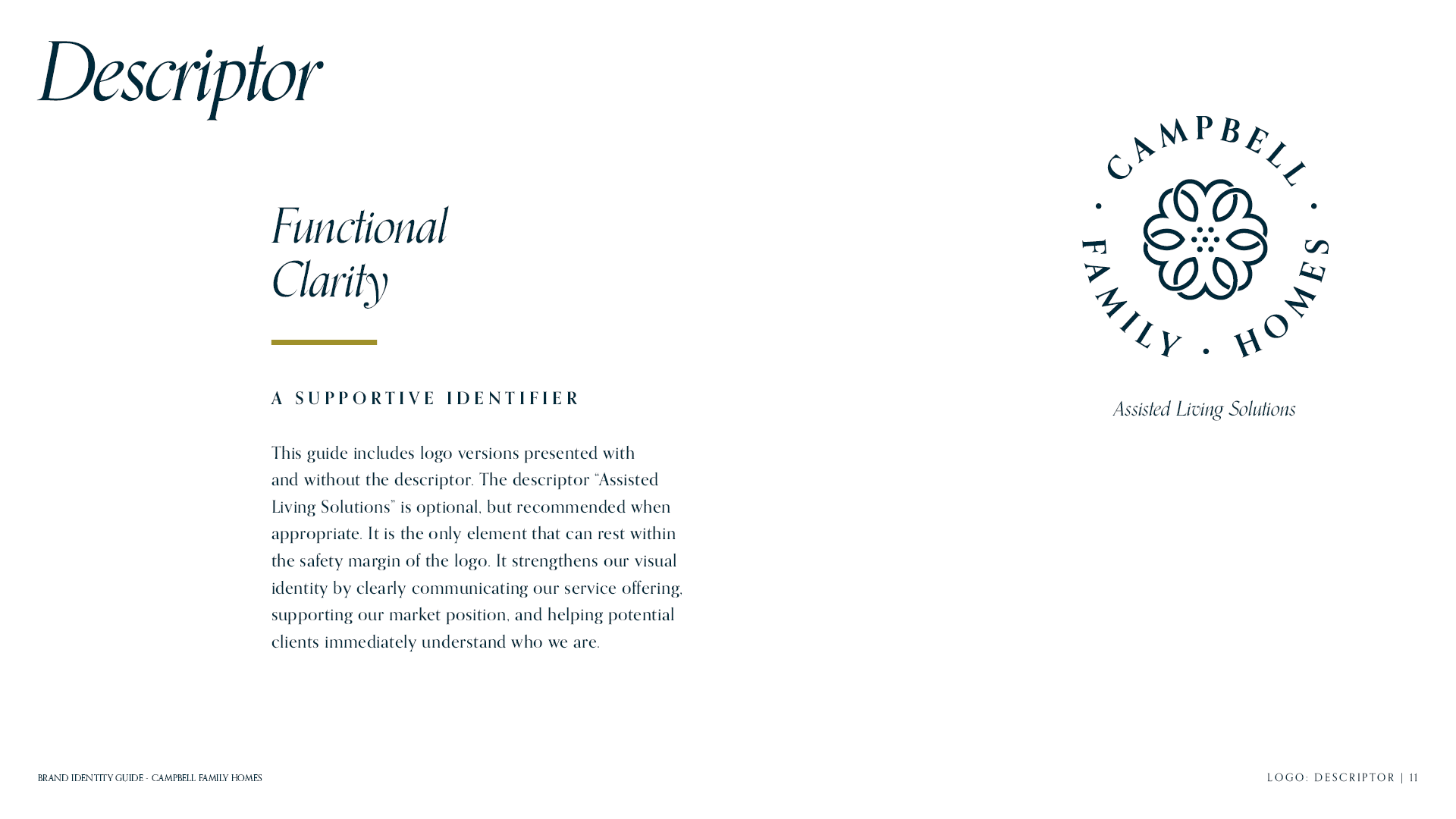 Descriptor page for the brand identity guide for Campbell Family Homes featuring a write up regarding the reason and usage of the descriptor in tandem with the logo.