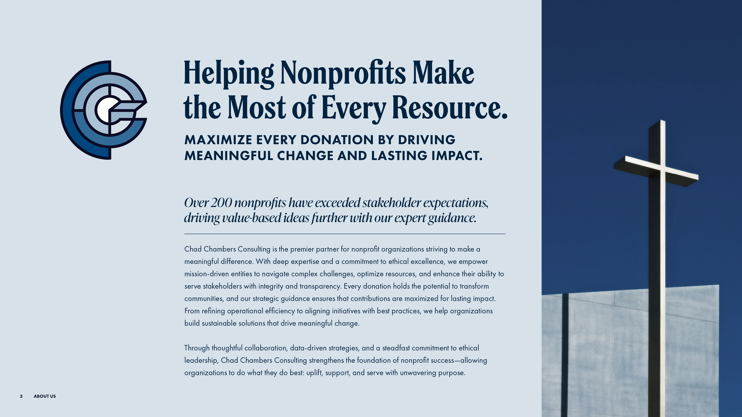 About page from the Chad Chambers Consulting brand identity guide, featuring the primary modernist monogram logo, minimalist layout, humanist editorial typography, and a cross‑themed photo.