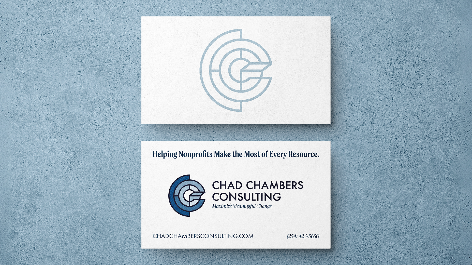 Business card design for Chad Chambers Consulting, shown in a minimalist layout that balances the brand description with the main tagline.