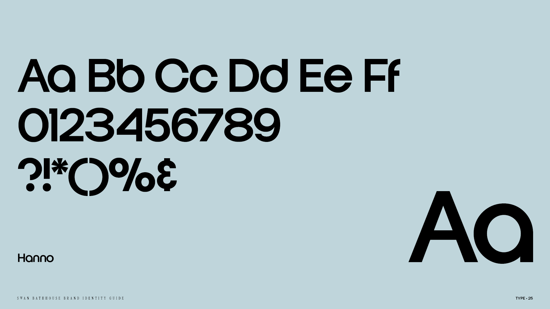 Typography page from the Swan Bathhouse brand identity guide with the Hanno font specimen sheet.
