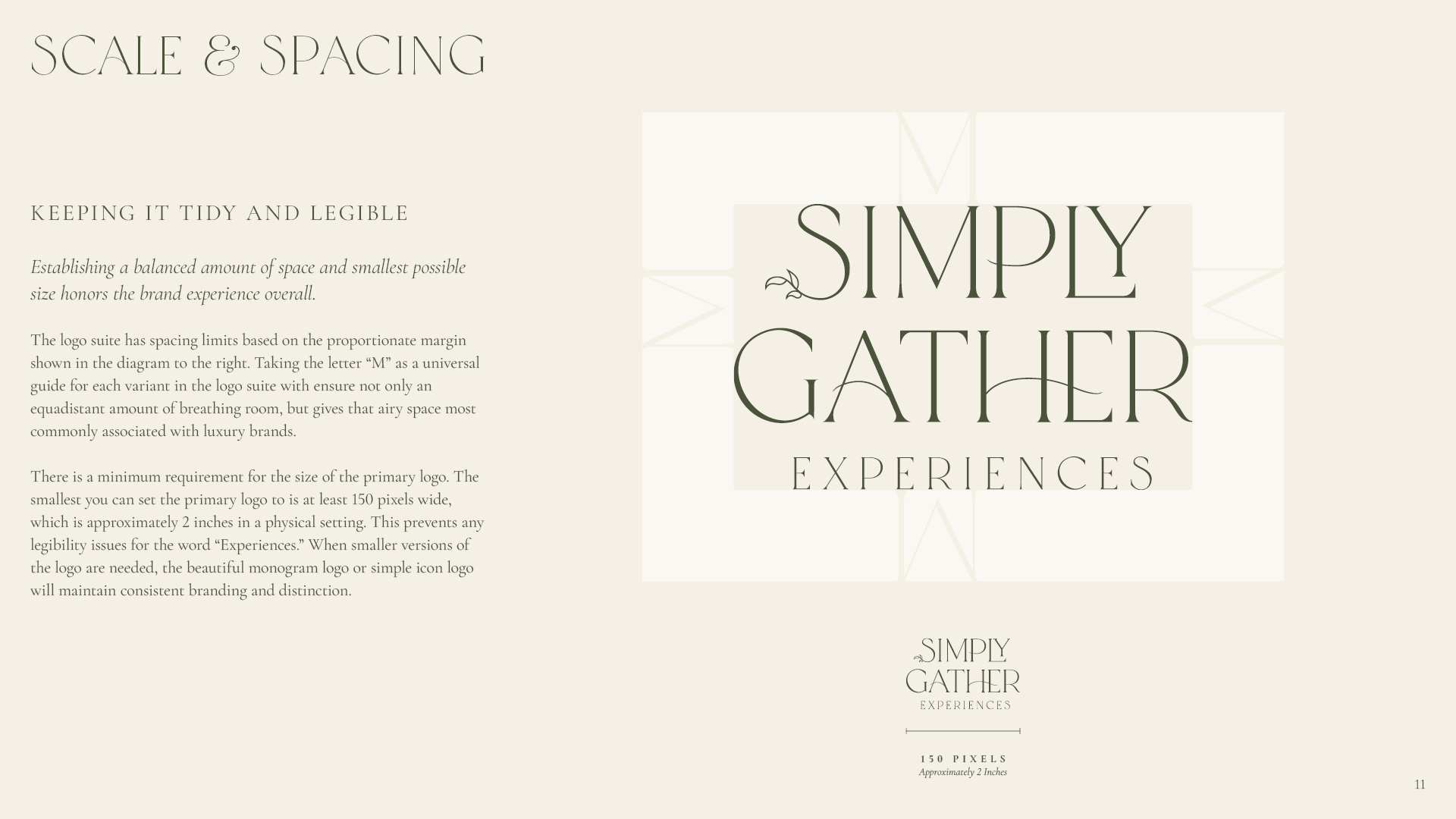 Scale and Spacing page for the Simply Gather Experiences brand identity guide showing a visual diagram of minimum clear space around the primary logo and the smallest recommended size in pixels and inches.