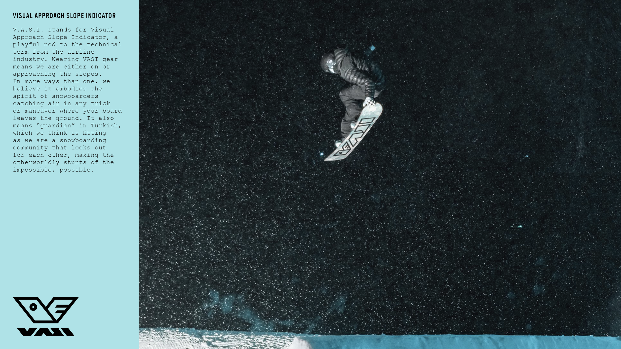 Key messaging page from the VASI brand identity guide, featuring a write‑up explaining the meaning of the company name and a photo of a snowboarder performing a stunt jump with the VASI logo on the board.