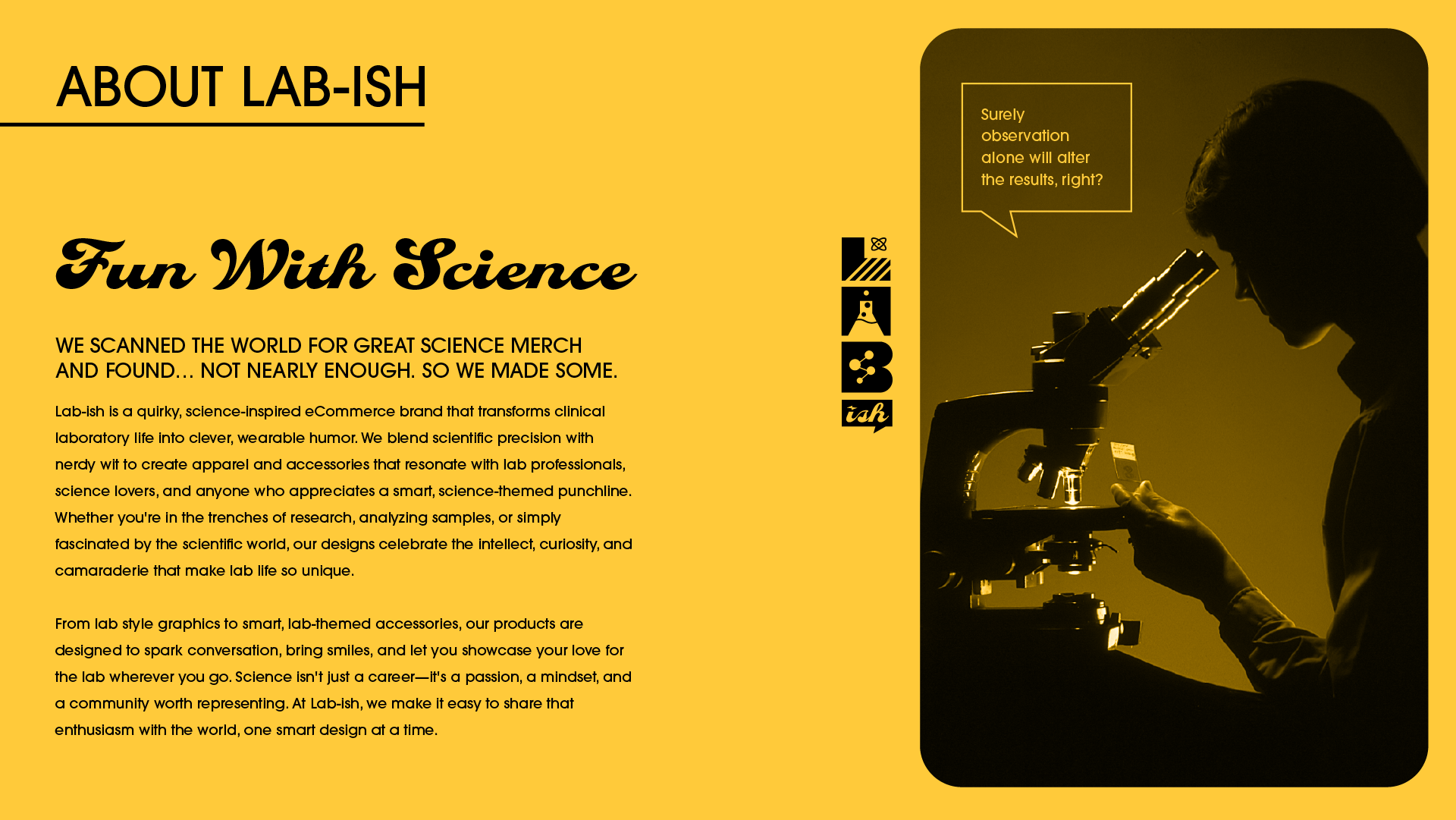 Introductory ‘Fun with Science’ page for Lab‑ish showing a scientist examining a lab slide with a joke quote bubble and the vertical logo along the photo’s edge.