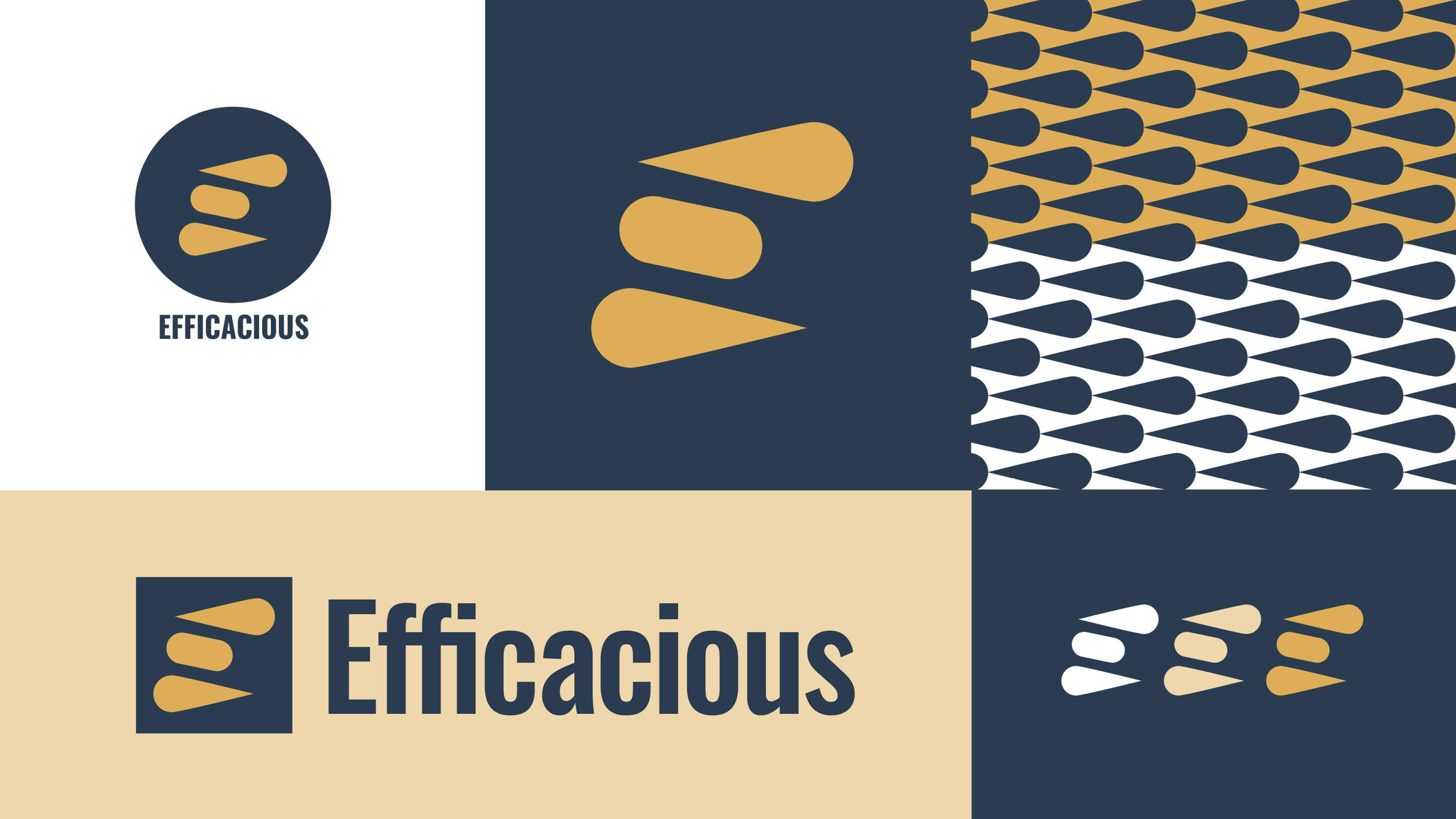 Efficacious brand identity board featuring minimalist colors, a signature pattern, and variations of the modern symbolic logo.