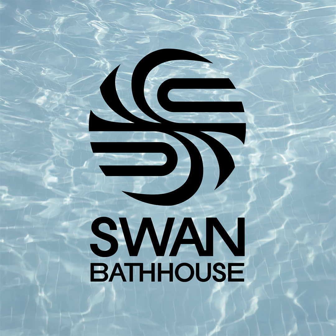 Abstract high‑contrast swan logo in a modernist style, shown over a pool‑water texture as part of a brand identity presentation.