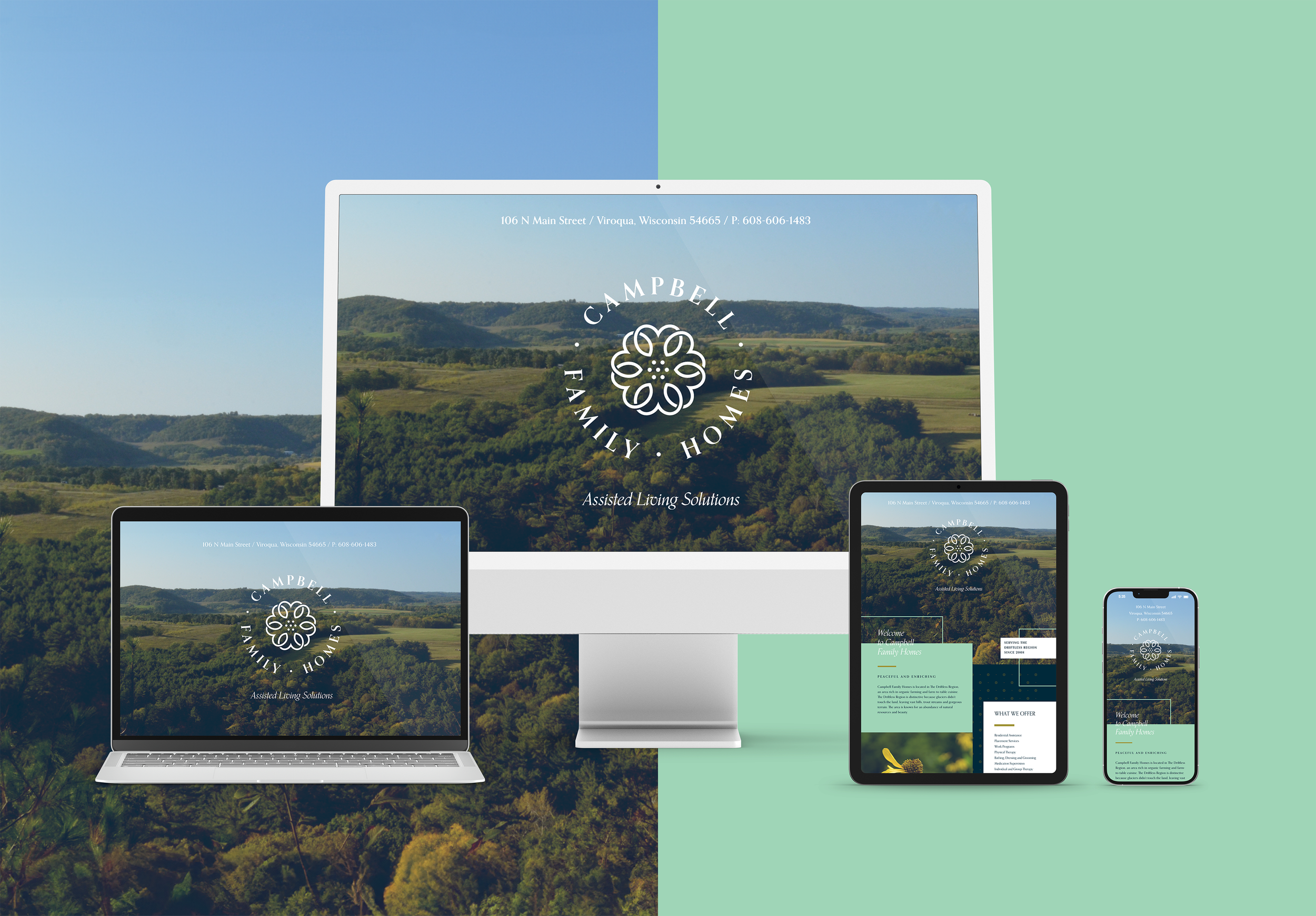 Device mockups displaying the Campbell Family Homes homepage design across an iMac, laptop, iPad, and iPhone.