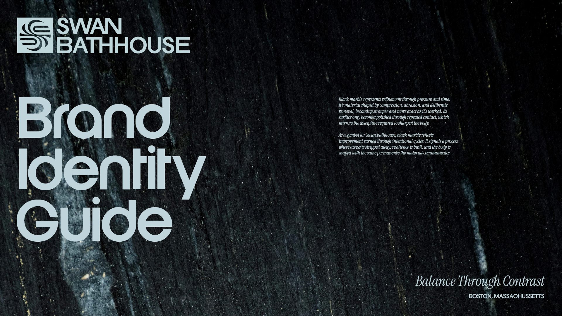 Back cover page from the Swan Bathhouse brand identity guide with a black marble texture and a brief writeup about the symbolism of black marble as a metaphor for the Swan Bathhouse culture.