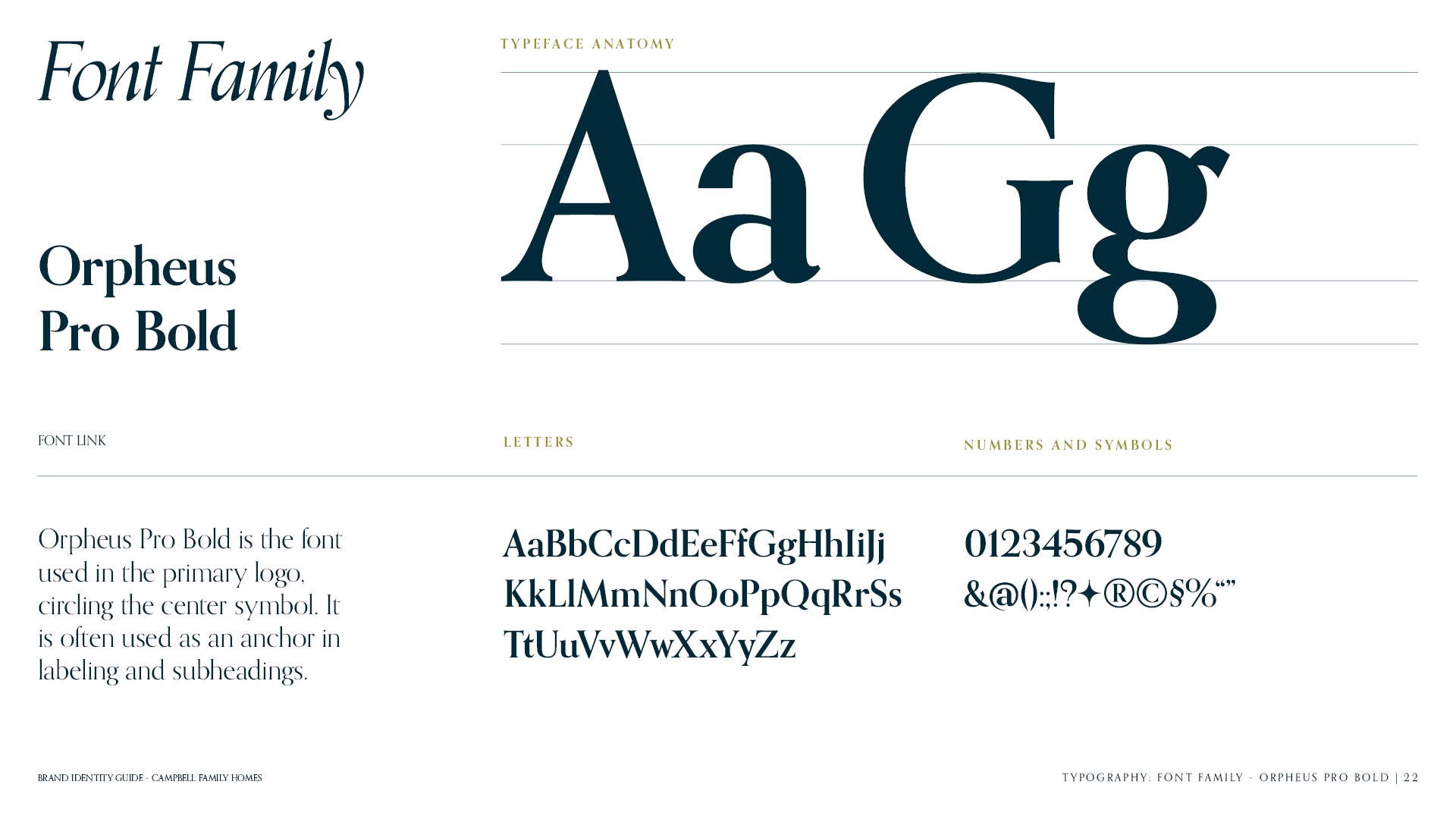Font Family page for the brand identity guide for Campbell Family Homes featuring the Orpheus Pro Bold.