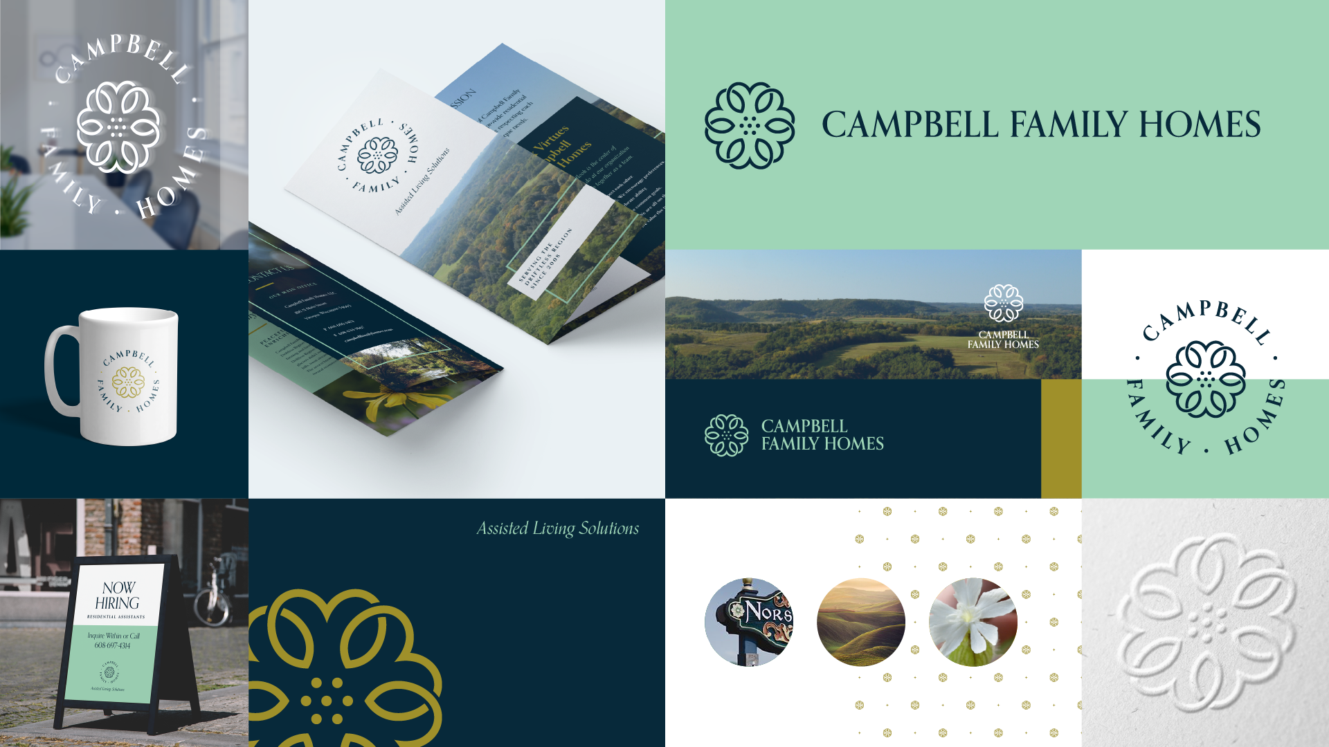 Brand Identity board / logo suite contextualized for the brand identity guide for Campbell Family Homes.