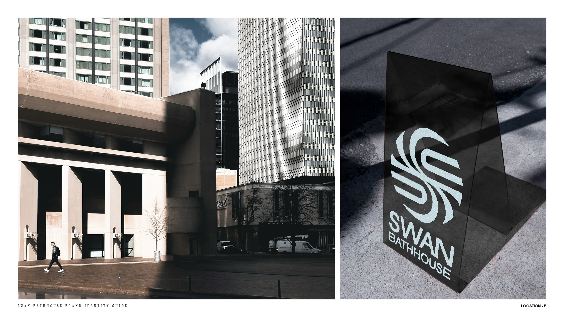Location page from the Swan Bathhouse brand identity guide with a street level view and a folding sidewalk sign.