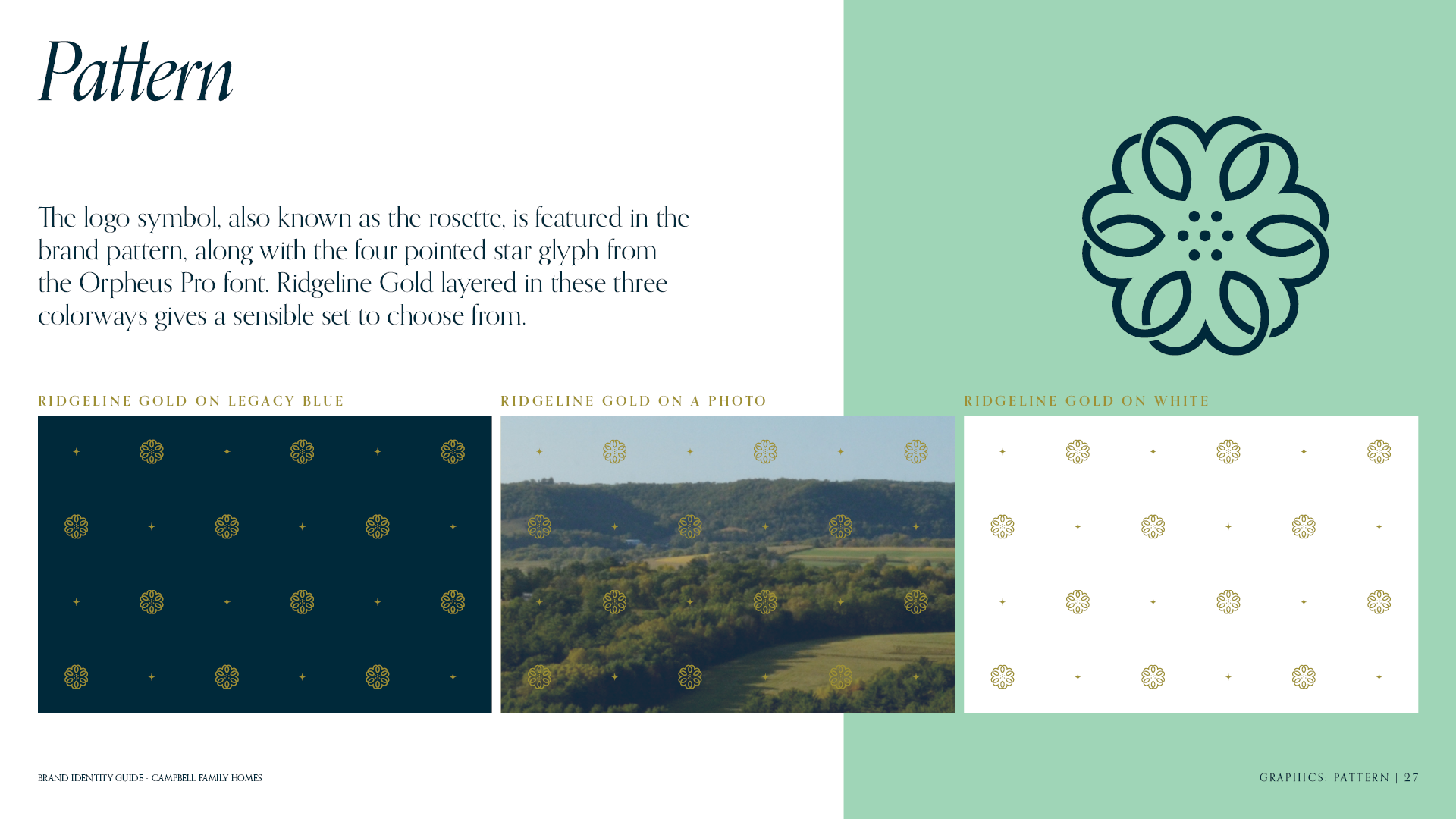 Pattern page for the brand identity guide for Campbell Family Homes featuring the brand pattern as gold on navy, gold on a photo, gold on white.