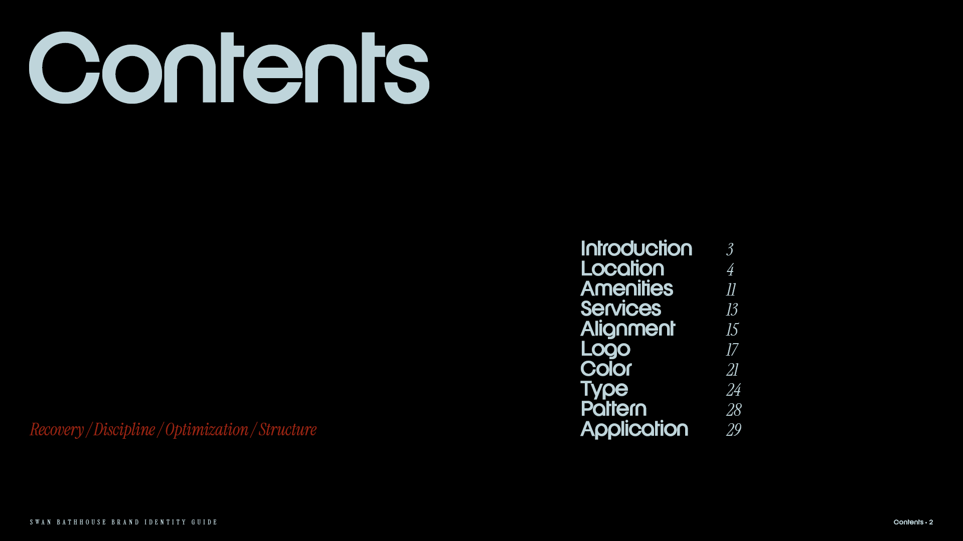 Table of Contents page from the Swan Bathhouse brand identity guide with a black background and a list of 10 sections.
