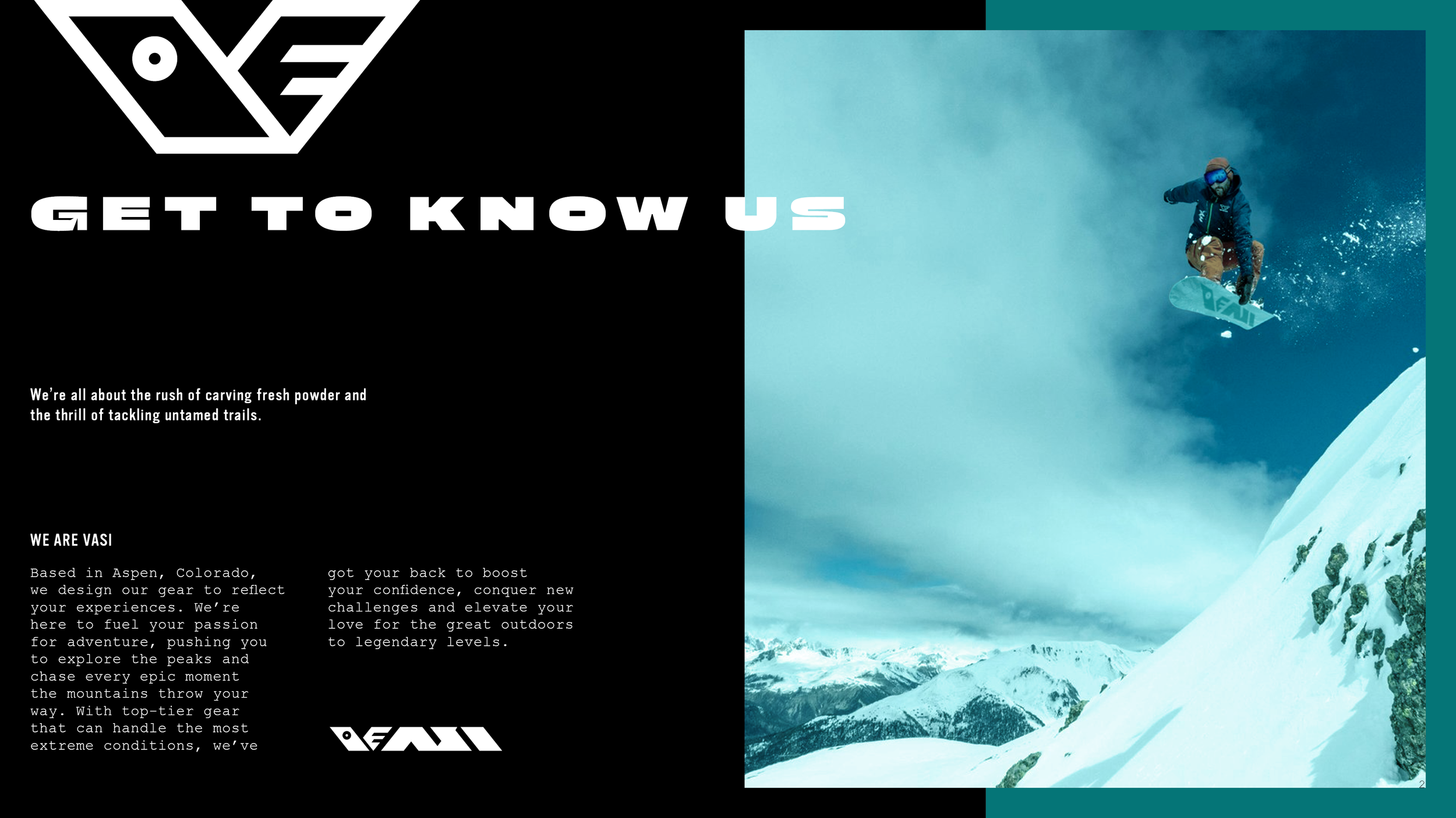 Introduction page from the VASI brand identity guide, featuring a company bio and a photo of a snowboarder performing a high‑energy jump in branded gear.