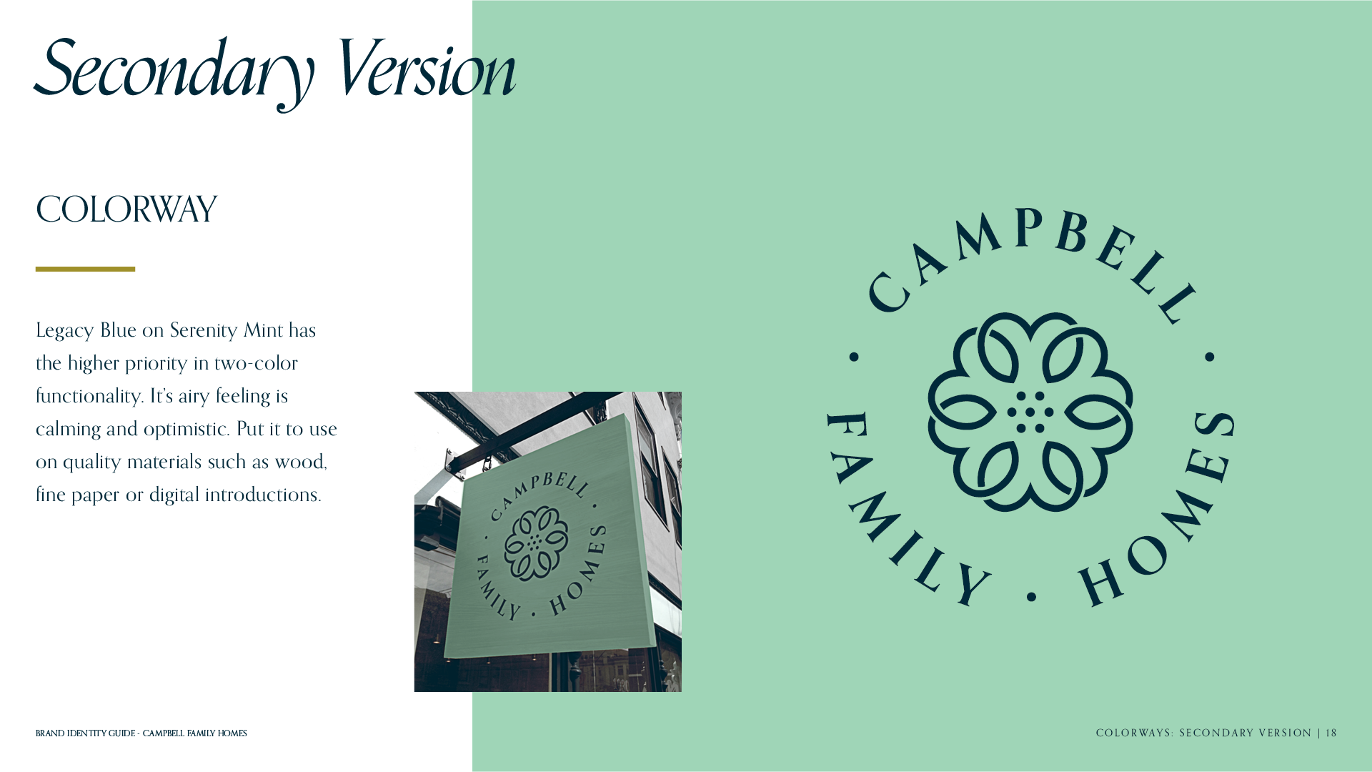Secondary Colorway page for the brand identity guide for Campbell Family Homes featuring the logo as navy on mint.