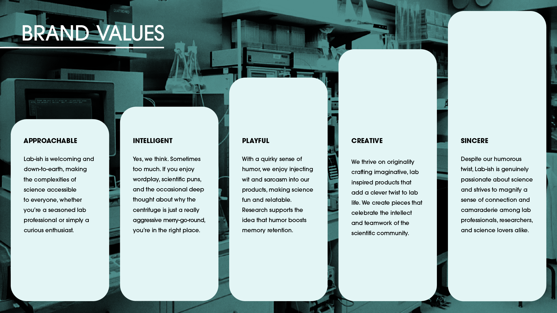 Lab‑ish brand‑values page listing Approachable, Intelligent, Playful, Creative, and Sincere over a retro science‑lab background.