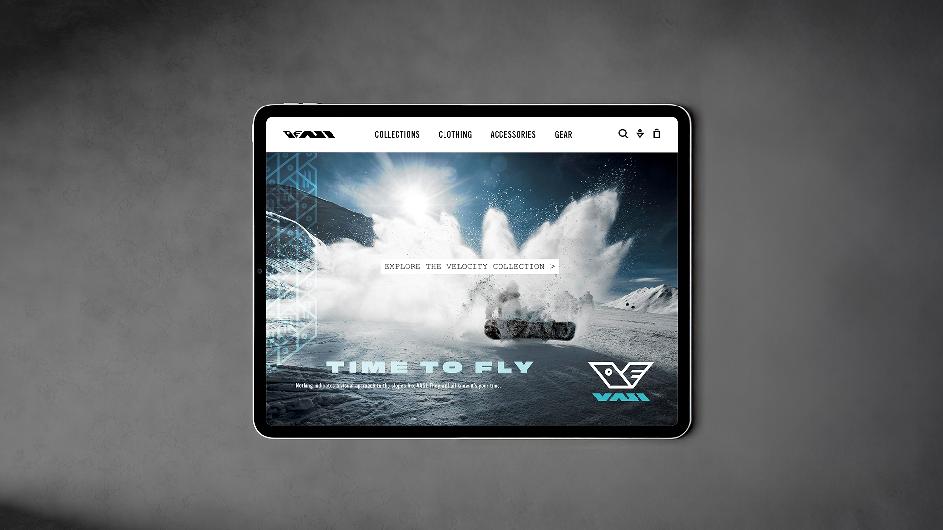 Website header concept design with categories as the main navigation and custom icons for the VASI brand identity guide. Features the tagline on the bottom with an inspiring caption under the CTA to "Explore the Velocity Collection" and the primary l