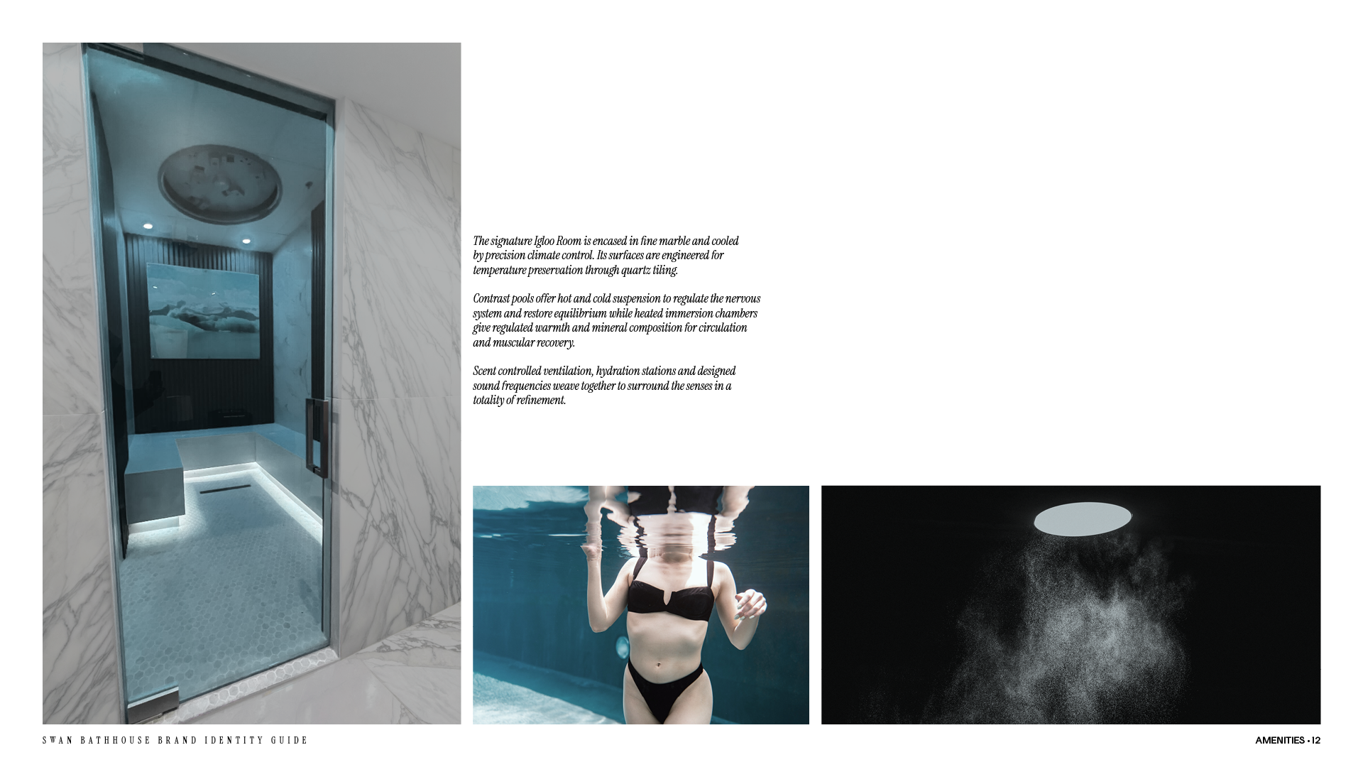 Amenities page from the Swan Bathhouse brand identity guide with the cold room, a woman in a heated pool, and a steam room.