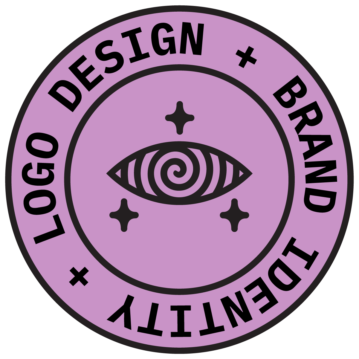 Circular badge logo with the words ‘Logo Design + Brand Identity’ around the edge, featuring an eye icon with a spiral center and three small stars.
