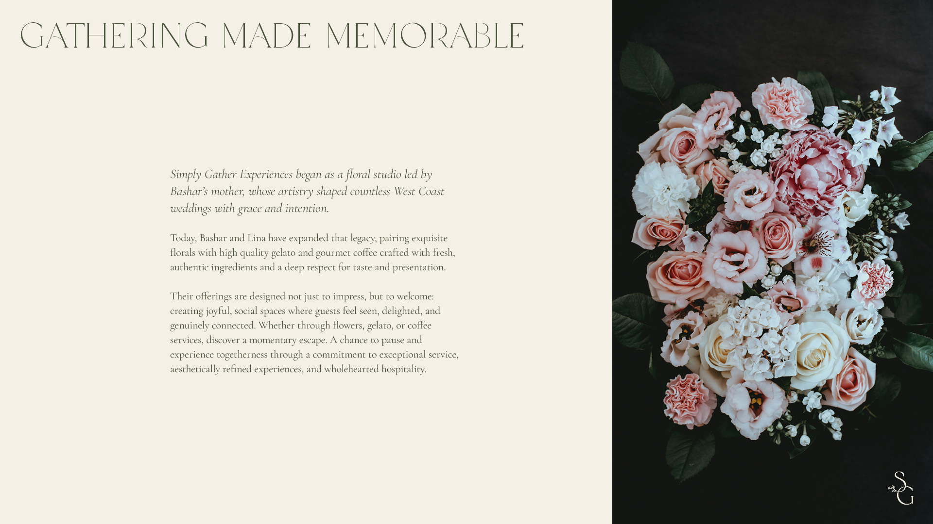 Introduction page for Simply Gather Experiences with a three‑paragraph overview and a top‑view photograph of a soft pink and white bridal‑style floral centerpiece.