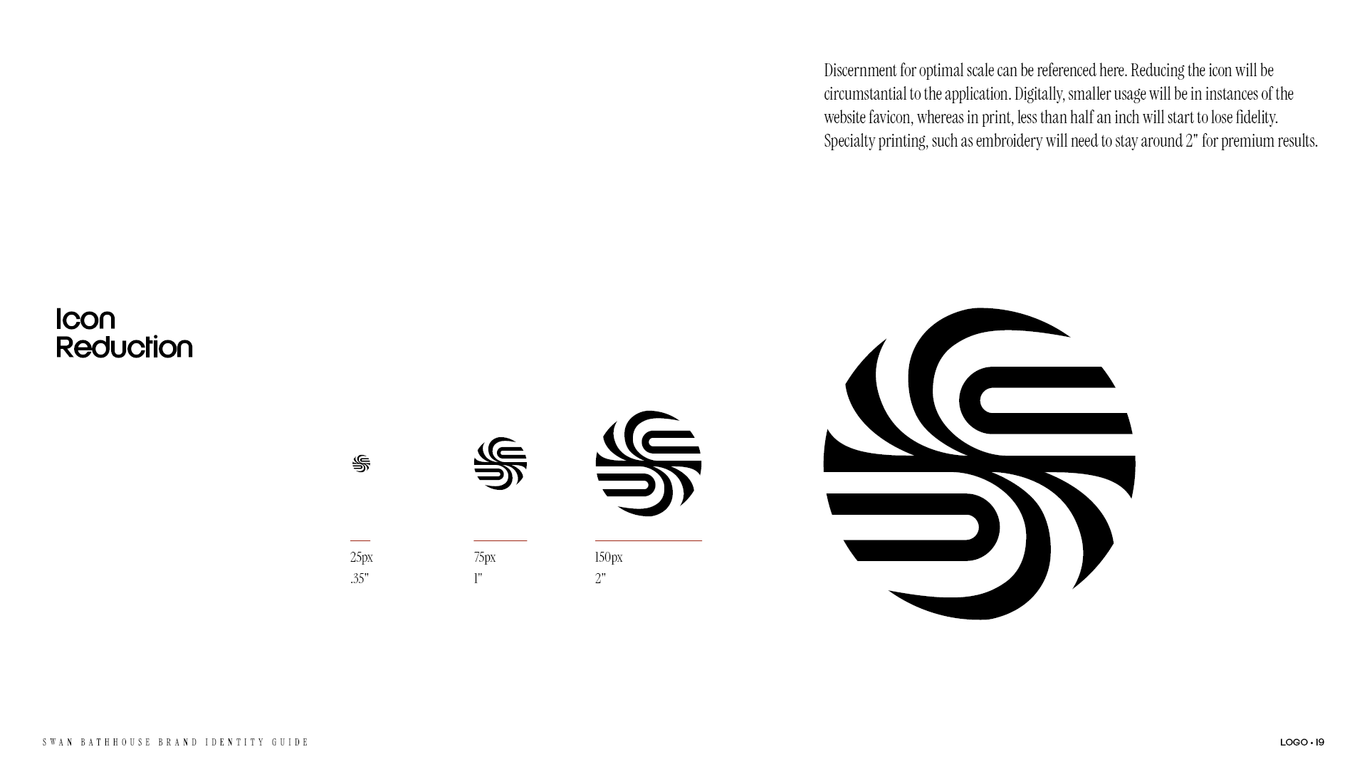 Logo page from the Swan Bathhouse brand identity guide with the reduction limitations listed and visually displayed.