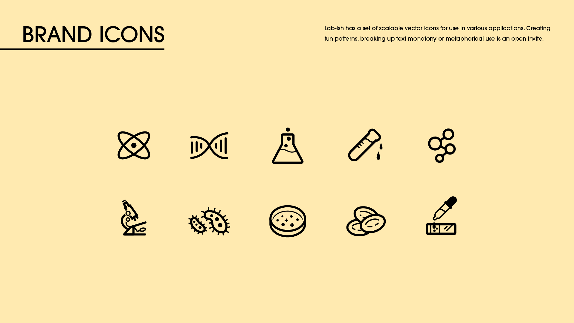 Lab‑ish brand icon set featuring ten icons that support pattern creation and category applications within the brand style.