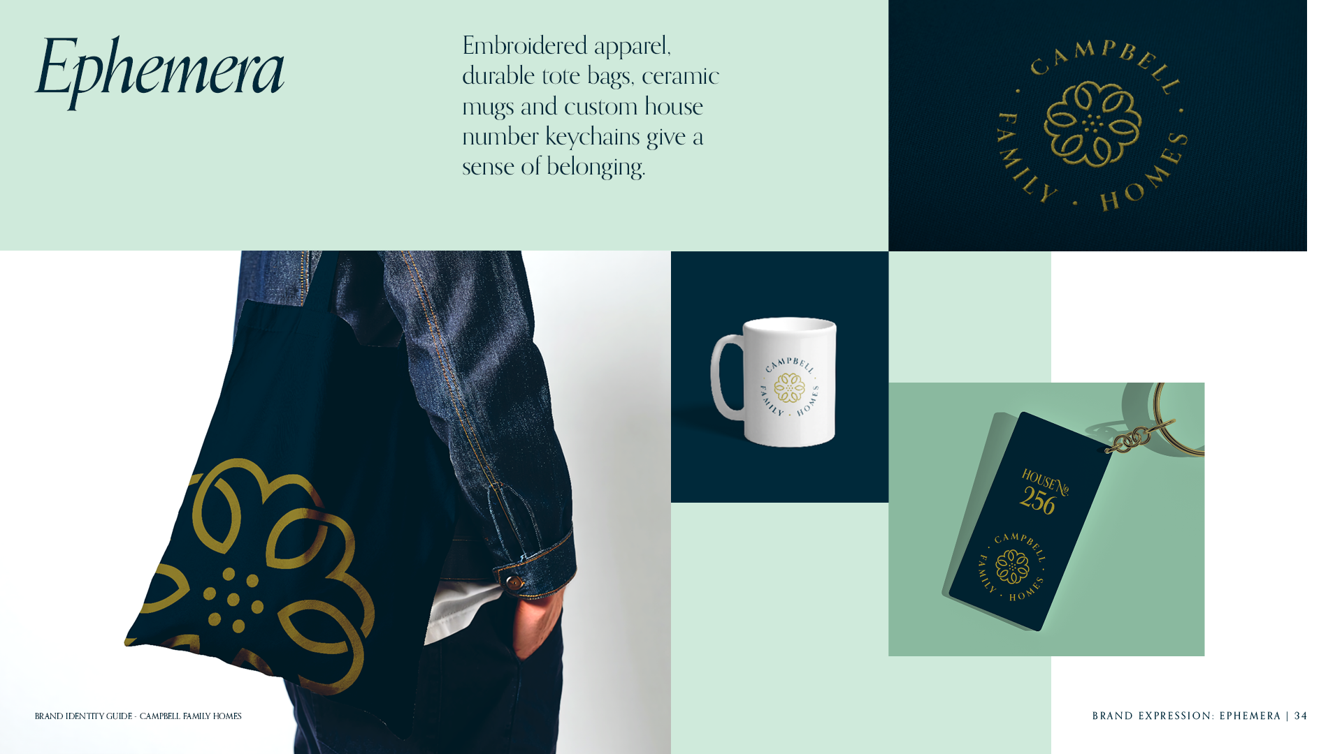 Ephemera page of the Campbell Family Homes brand identity guide showcasing a tote, a mug, embroidered apparel and a keychain.