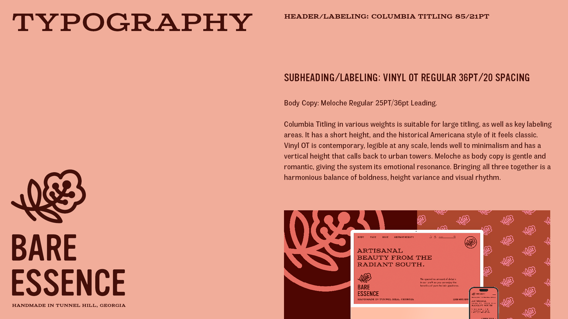 Typography page for Bare Essence featuring a warm pink background and a device mockup set of the desktop and mobile hero section of the website to show coordination of all of the brand fonts.