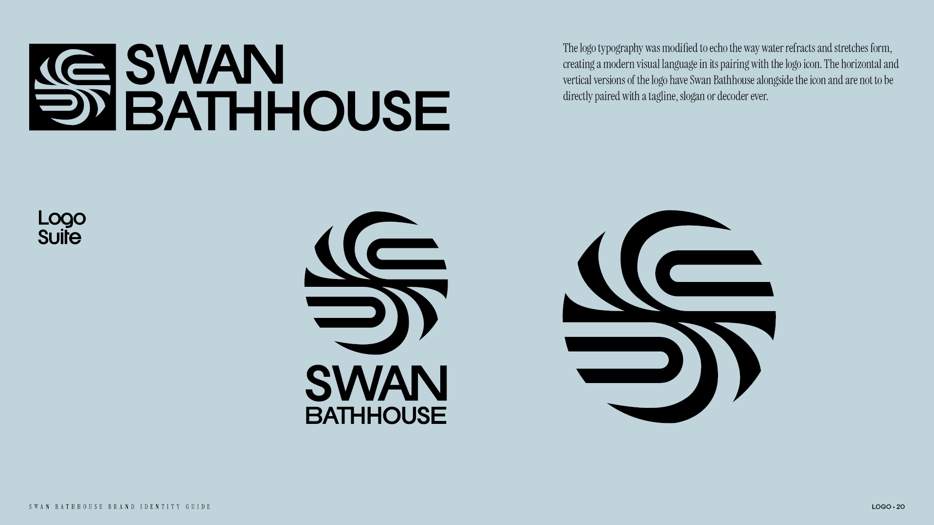 Logo page from the Swan Bathhouse brand identity guide with the logo suite laid out.