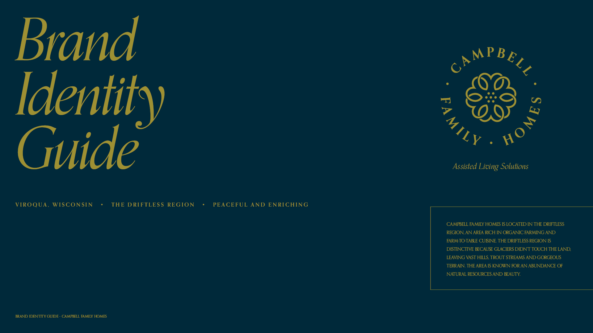 Back page of the Campbell Family Homes brand identity guide with gold on navy.